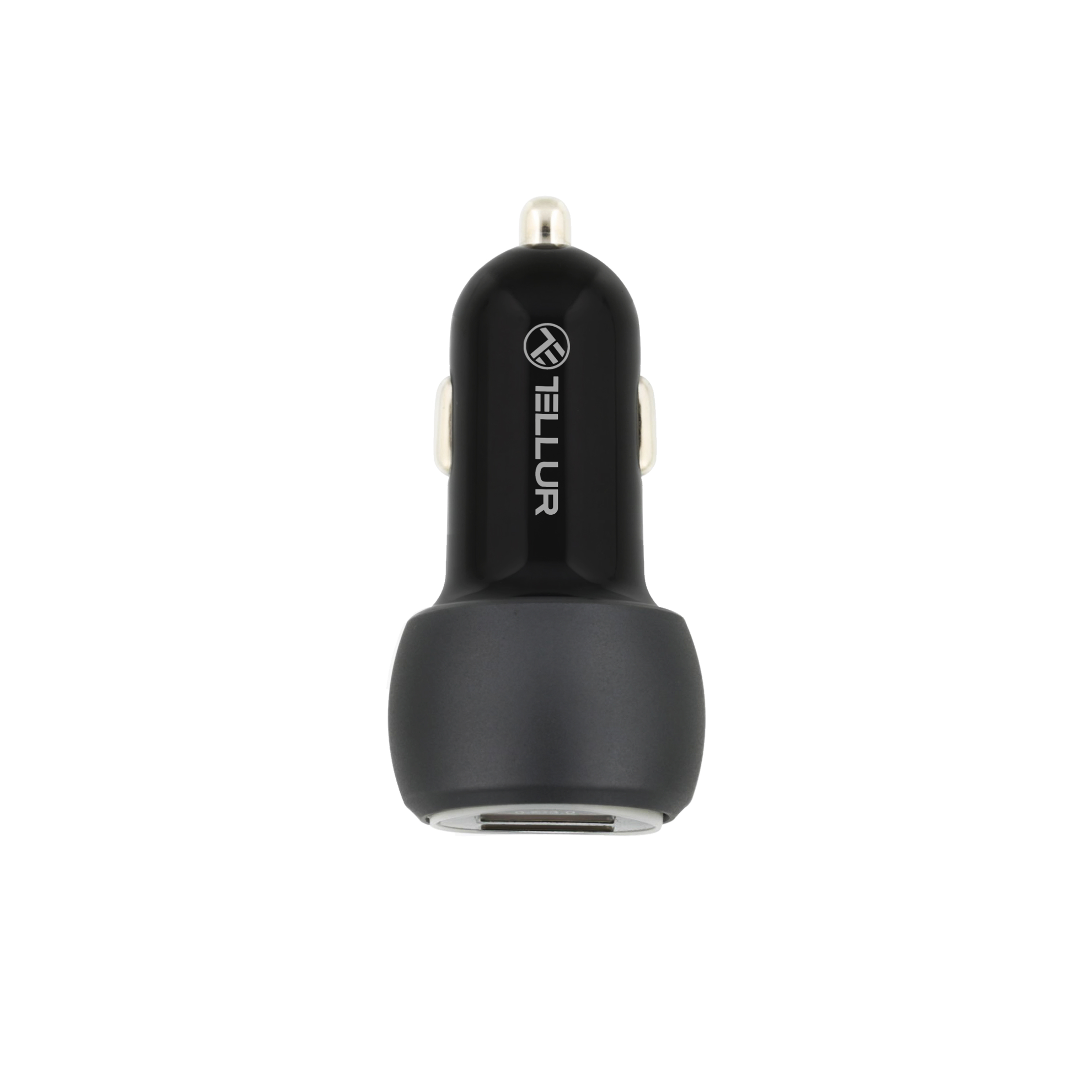 Adaptador de cargador de coche negro con el logotipo de Tellur.