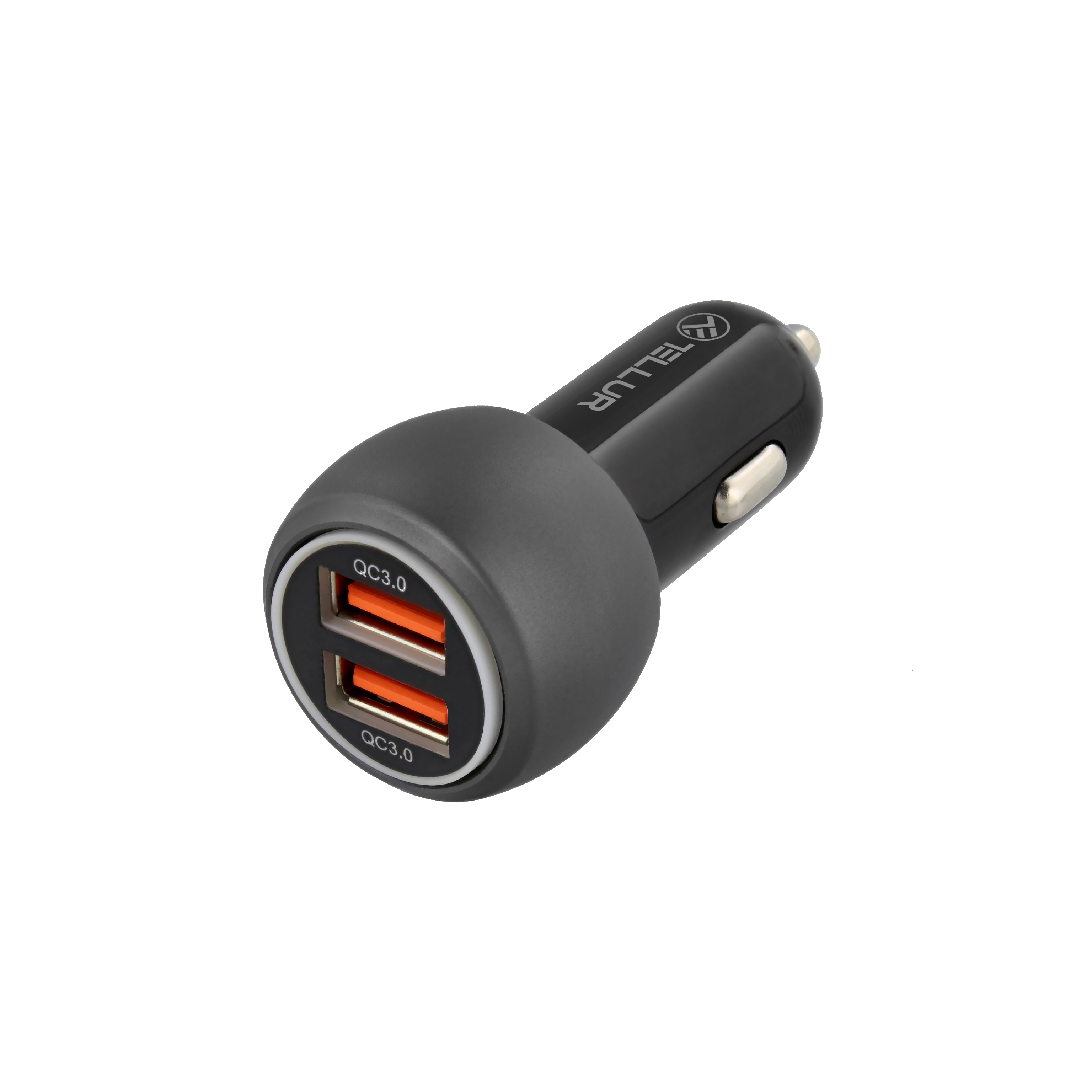 Cargador de coche negro y gris con dos puertos USB. Marca visible.