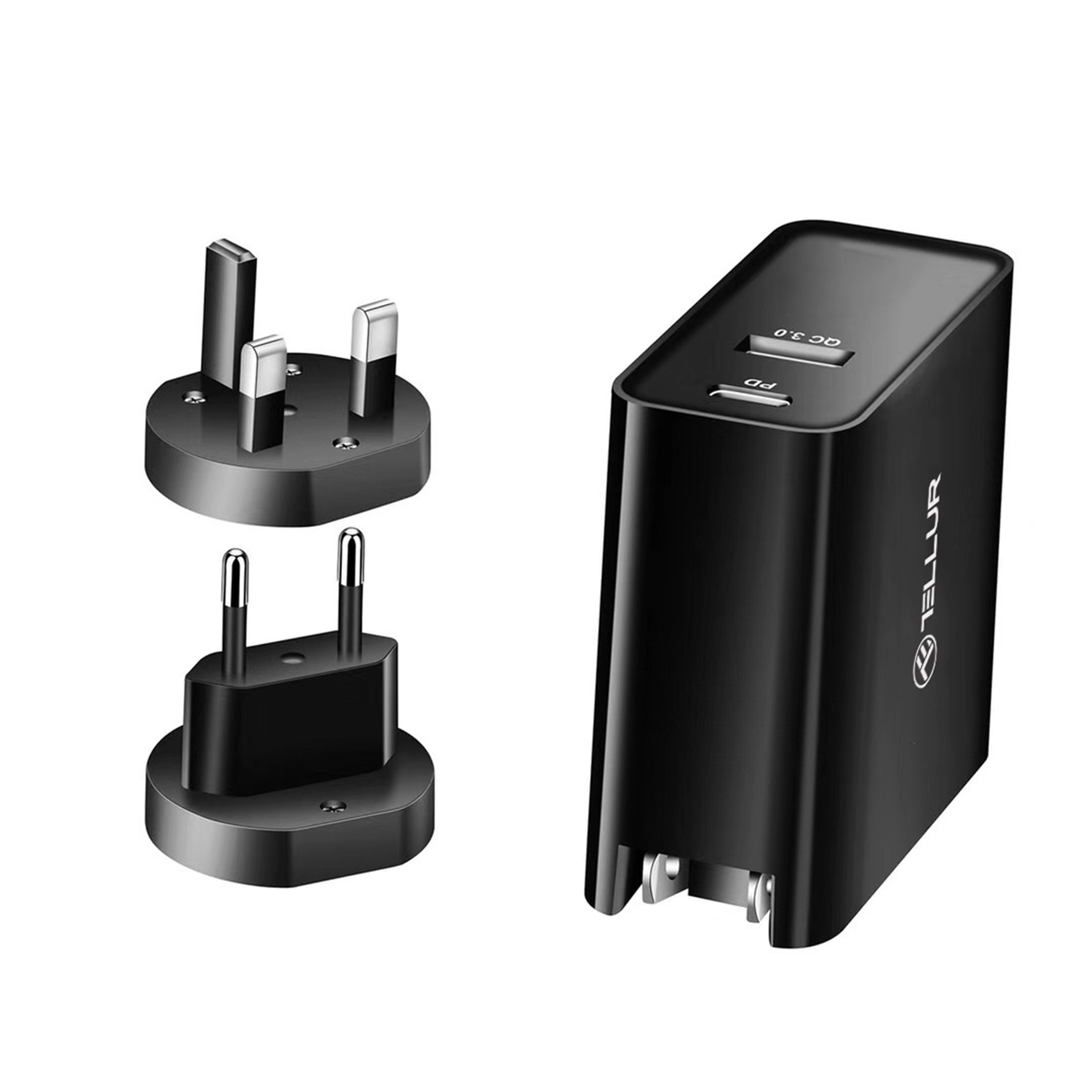 Cargador negro con varios adaptadores de enchufe.