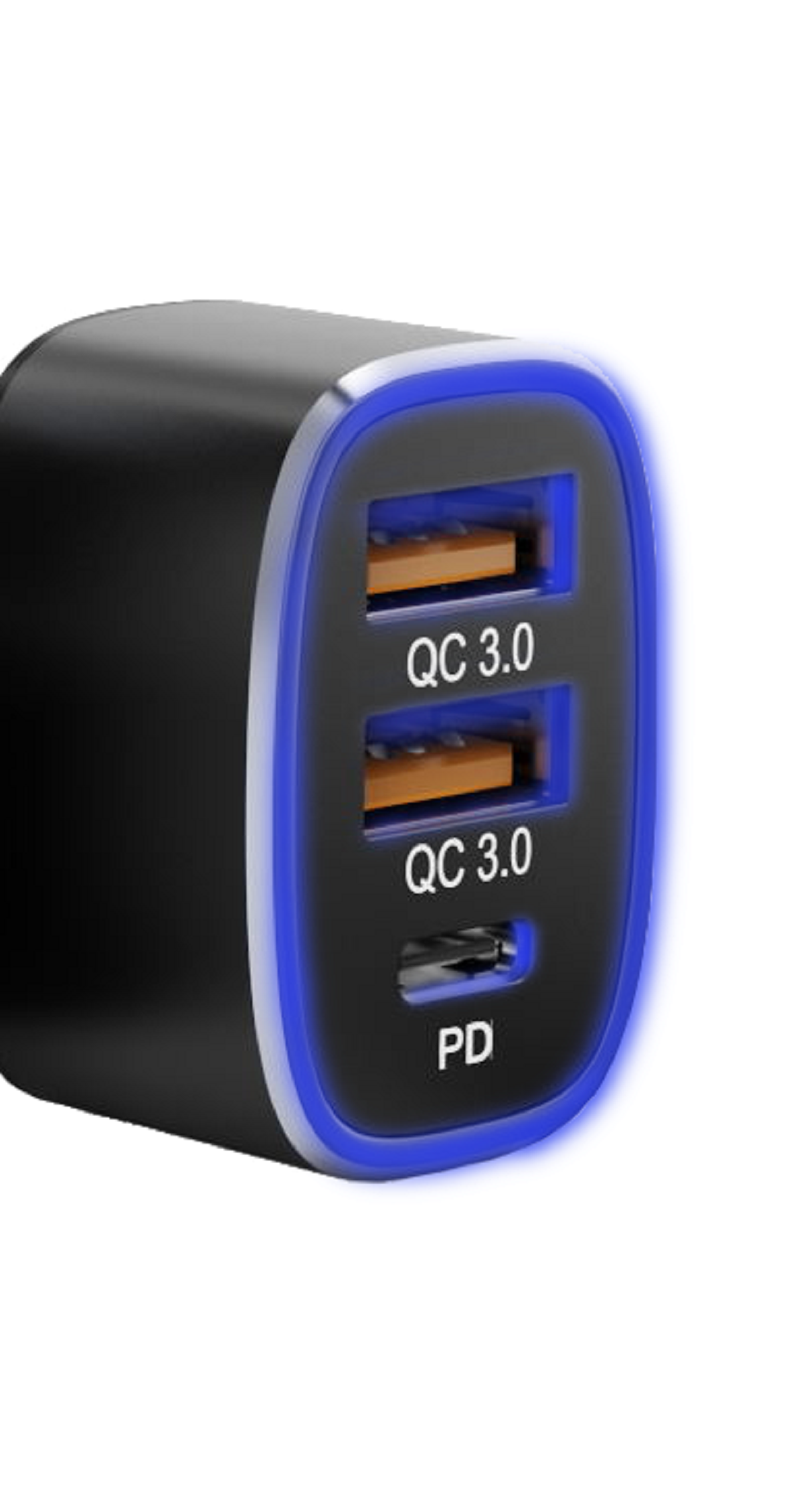 Czarna ładowarka USB z dwoma portami USB i portem PD, niebieski obrys.