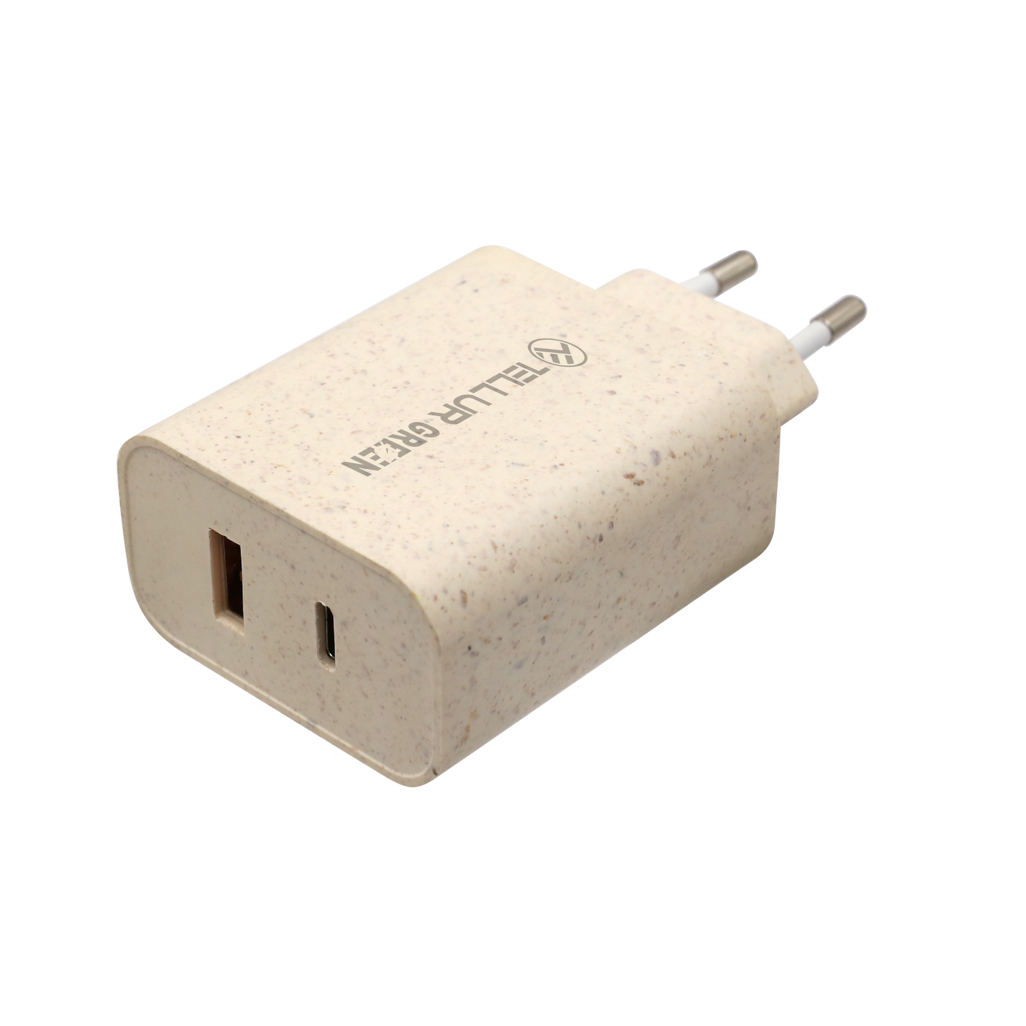 Beżowa ładowarka ścienna z dwoma bolcami. Posiada port USB i USB-C.