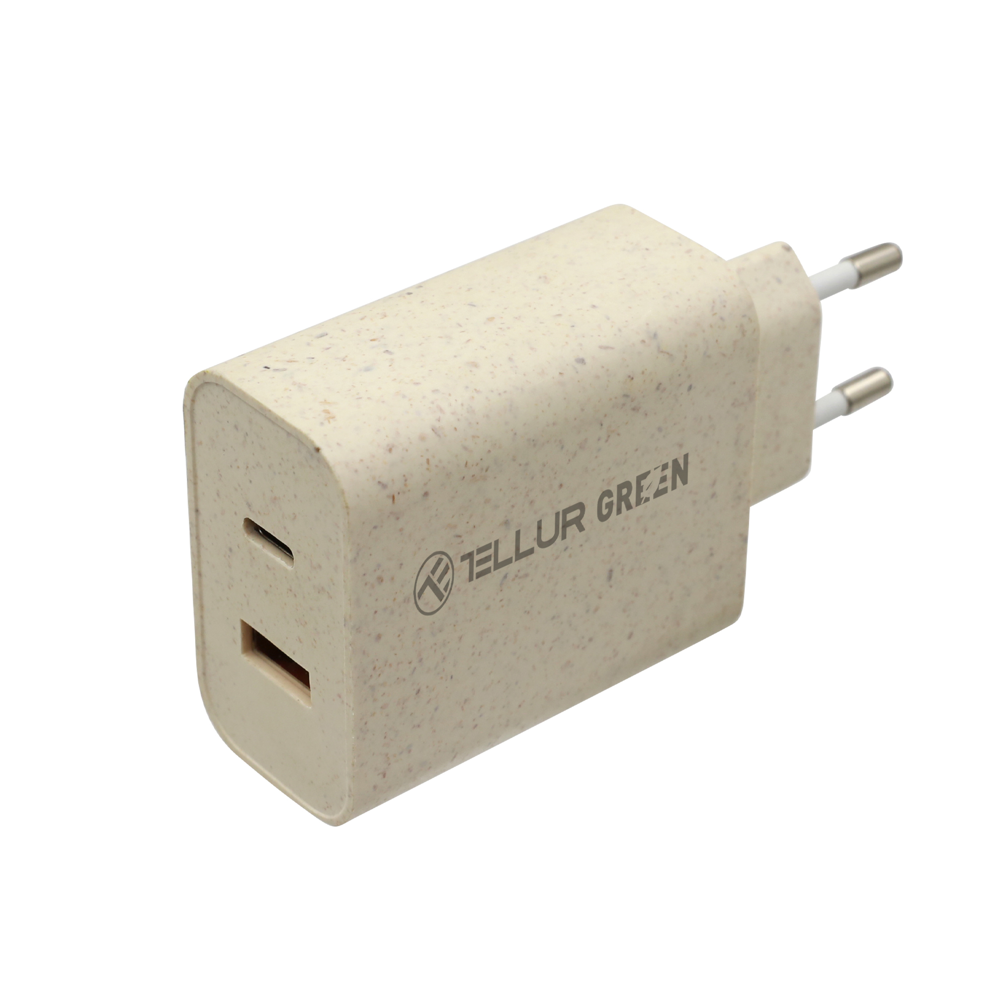 Kremowa ładowarka ścienna z dwoma portami USB i napisem 'Tellur Green'.