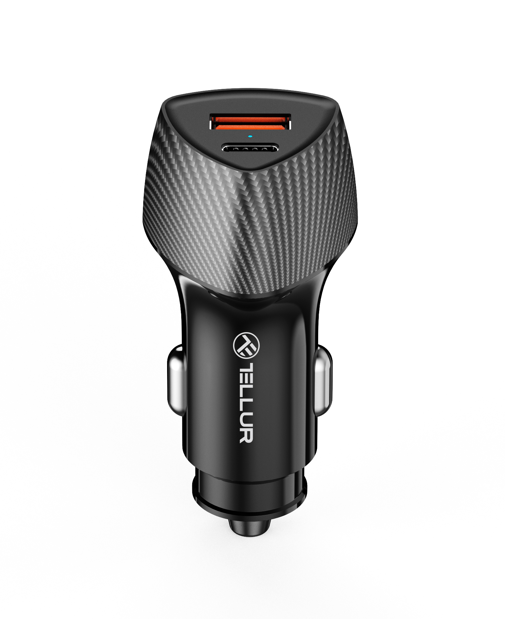Czarna ładowarka samochodowa z włóknem węglowym, portem USB i marką 'Tellur' na białej powierzchni.