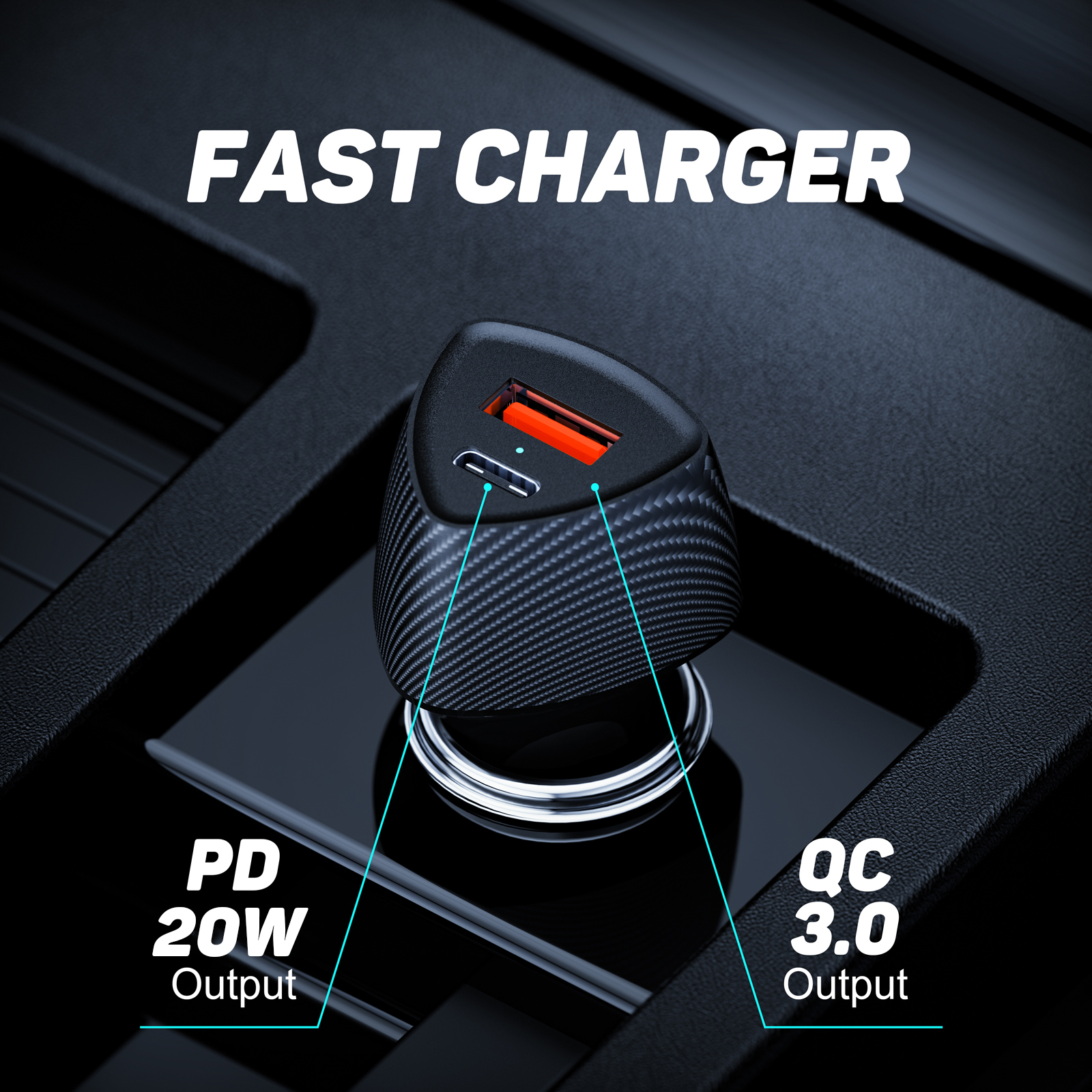 Ein schwarzes Autoladegerät mit zwei USB-Anschlüssen. Der Text 'PD 20W Output' und 'QC 3.0 Output'.