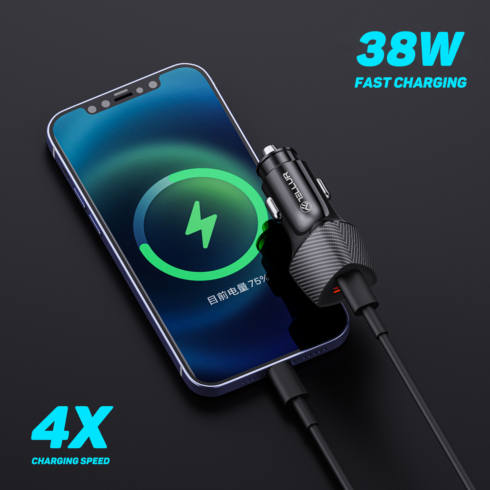 Ein Telefon, das im Auto geladen wird, mit einem 38W Schnellladegerät. Ladeanzeige zeigt 75%.