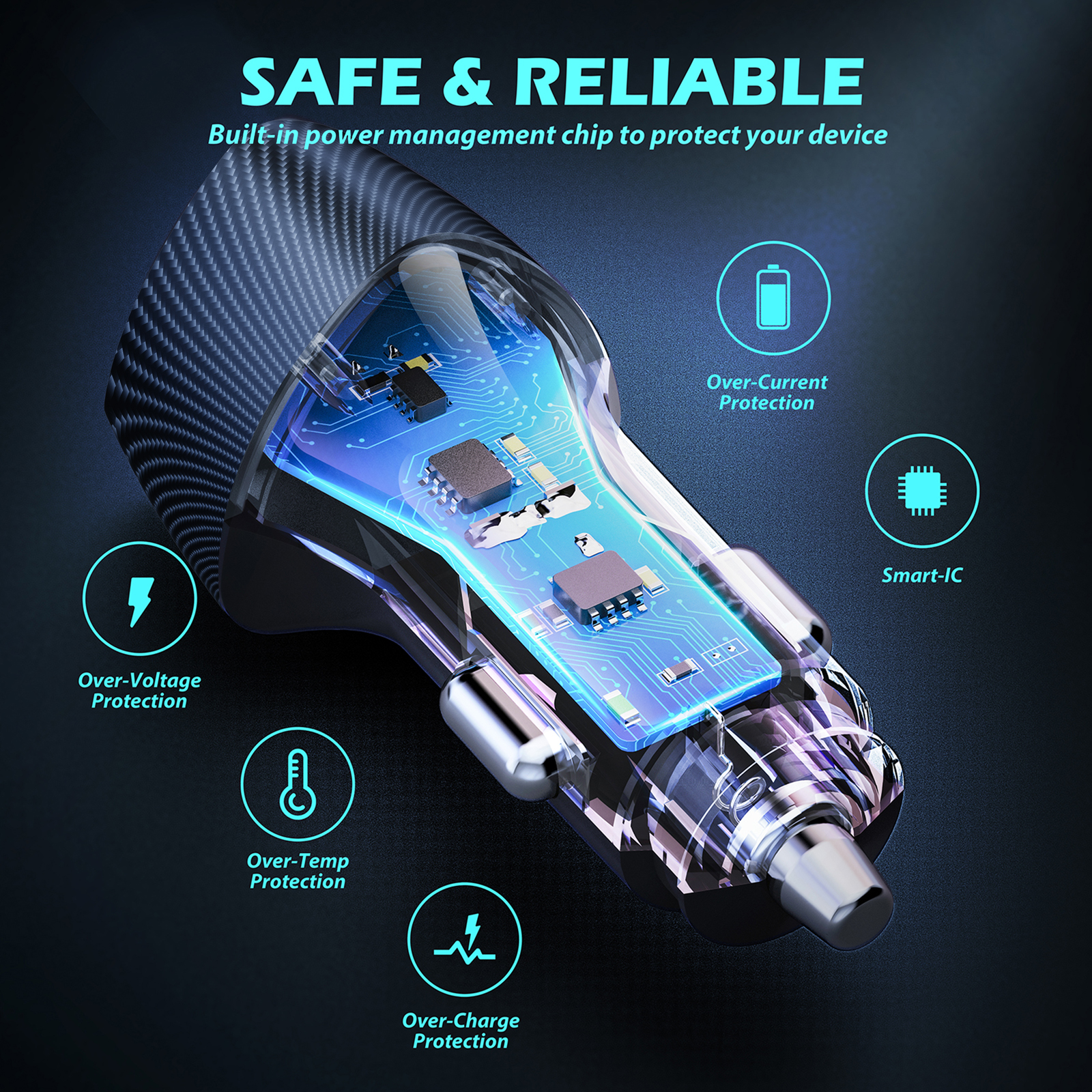 Ładowarka samochodowa z widocznymi elementami wewnętrznymi i ikonami bezpieczeństwa.