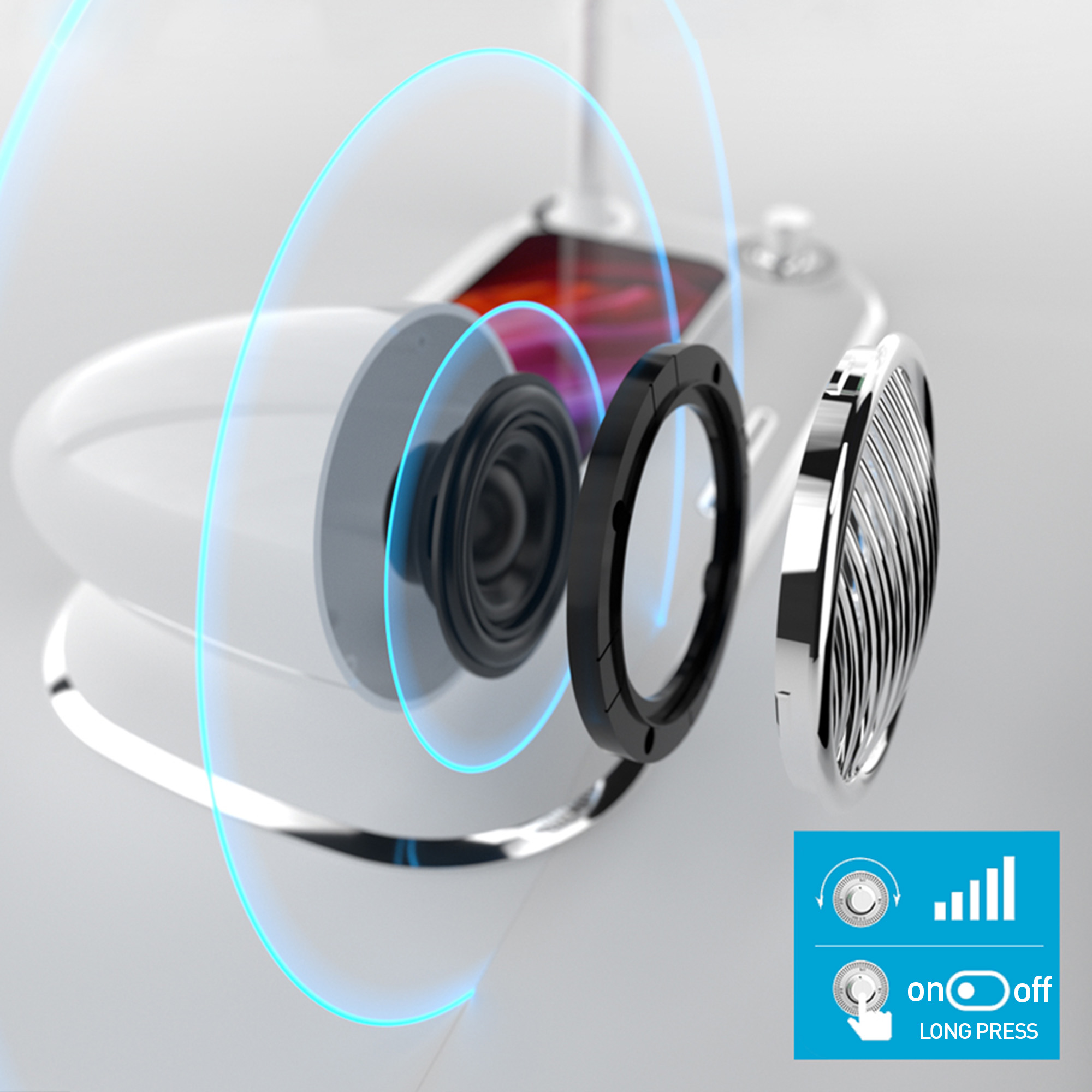 Biały głośnik z czarnymi detalami pierścieni i efektem niebieskiego światła.