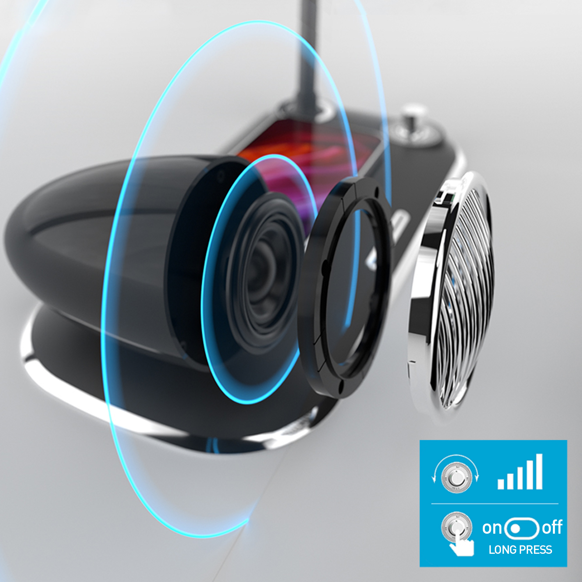 Czarny głośnik z niebieskimi akcentami, rozłożone części. Dwie ikony: głośność, włącz/wyłącz.