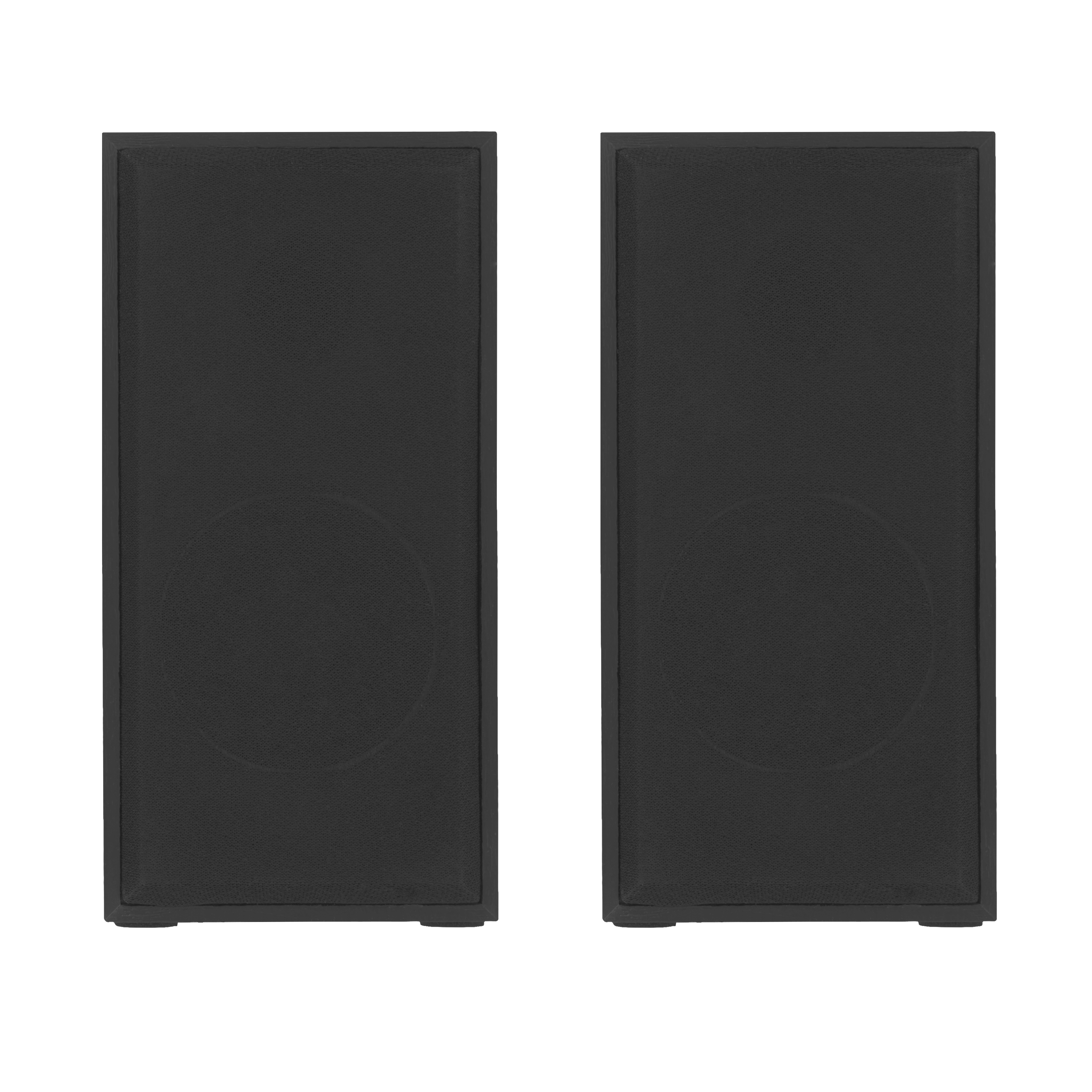 Dwa czarne głośniki. Każdy ma czarny siatkowy przód i prostokątny kształt. Białe tło.