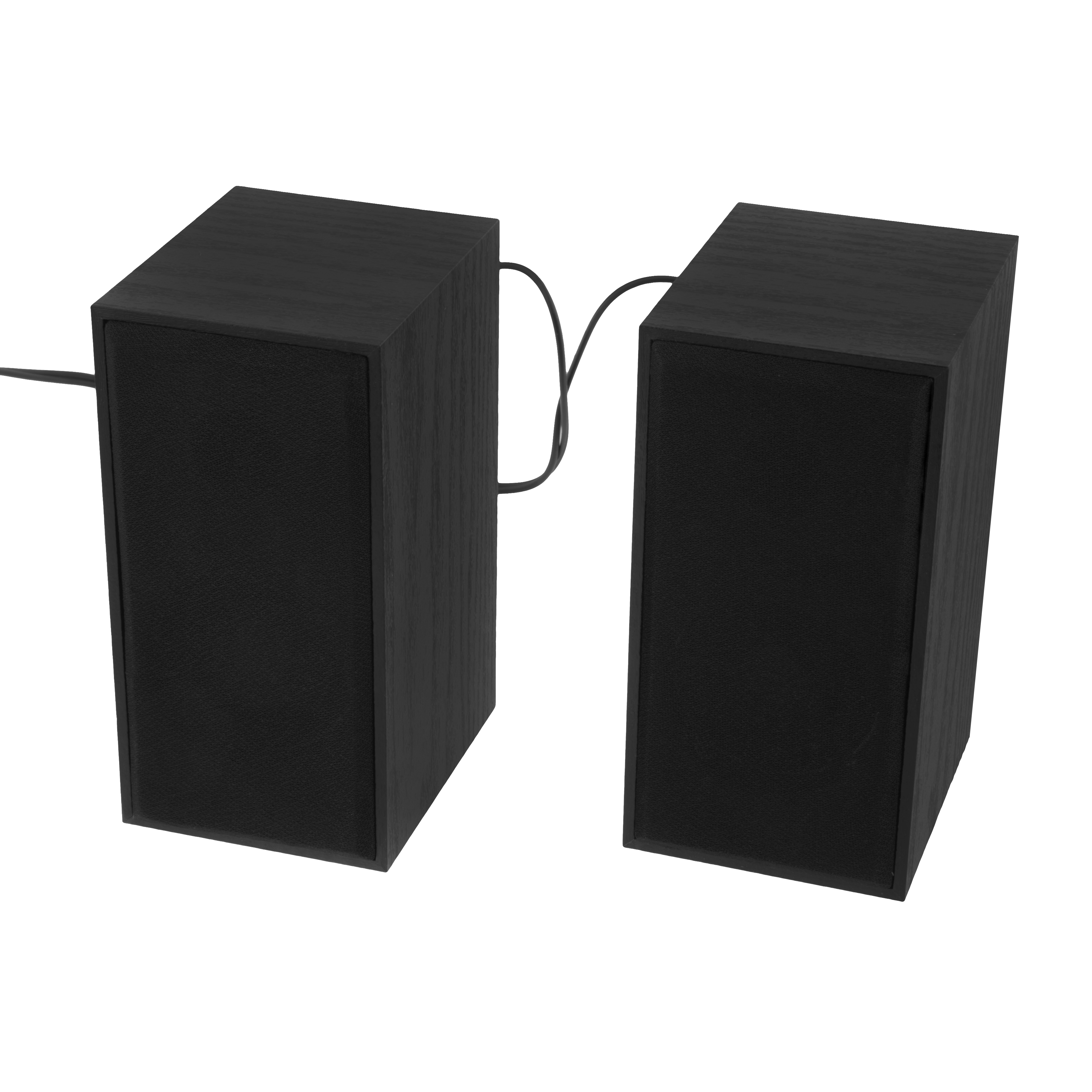 Dwa czarne głośniki. Są połączone czarnym kablem. Białe tło.