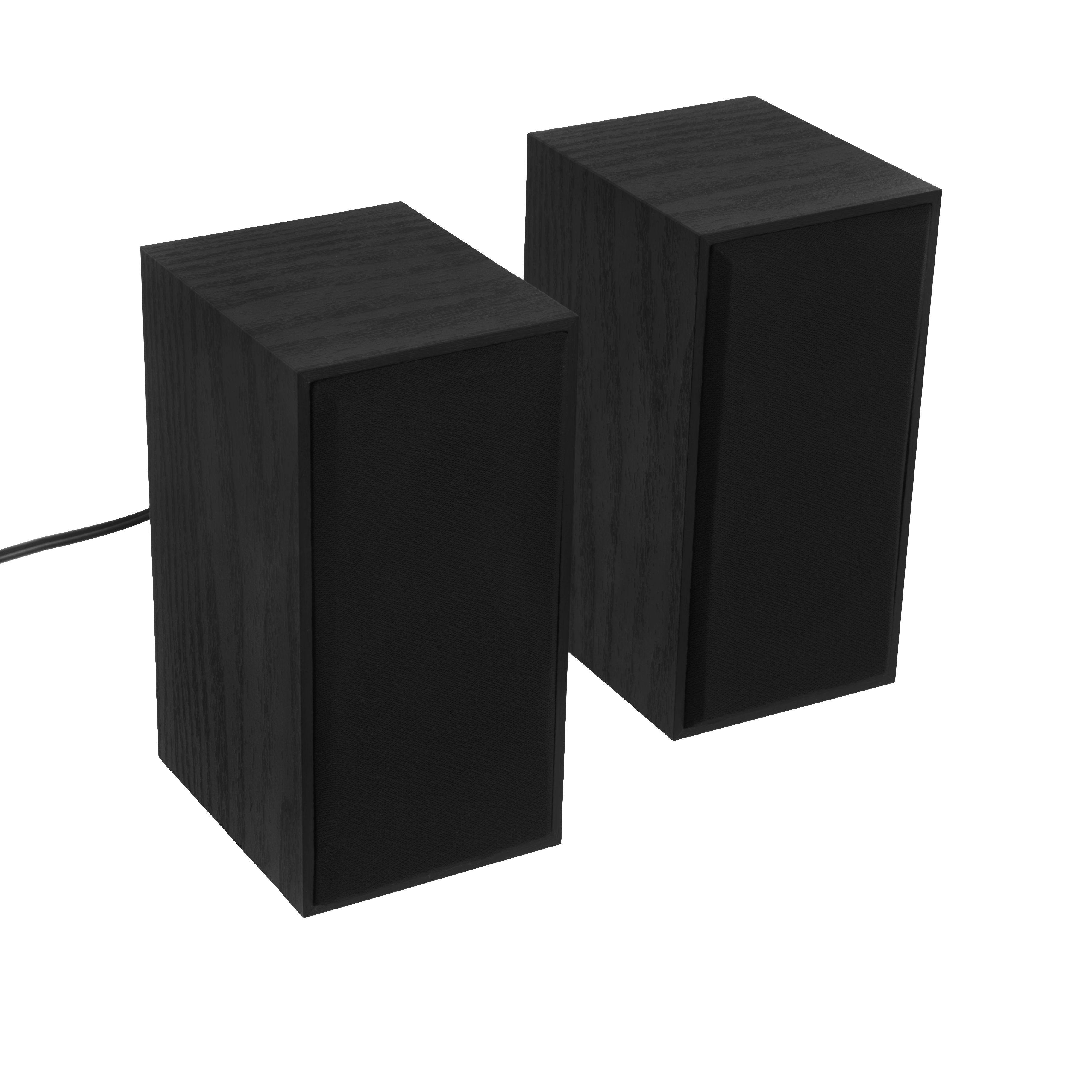 Dwa czarne głośniki na białym tle. Mają kształt kostki z czarnymi frontami z tkaniny głośnikowej.