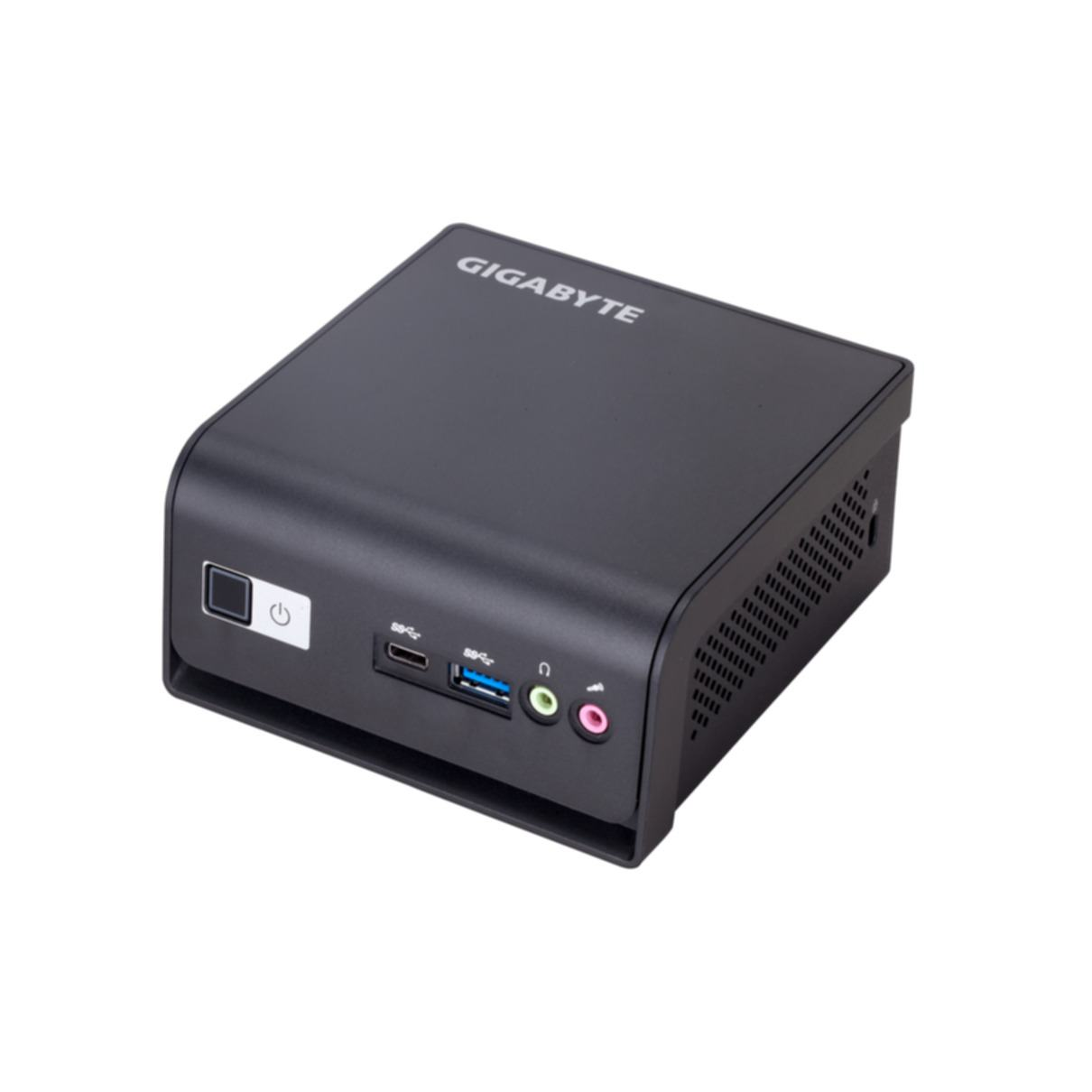 Ein schwarzer Mini-Computer mit Anschlüssen und dem Gigabyte-Logo auf weißer Oberfläche.