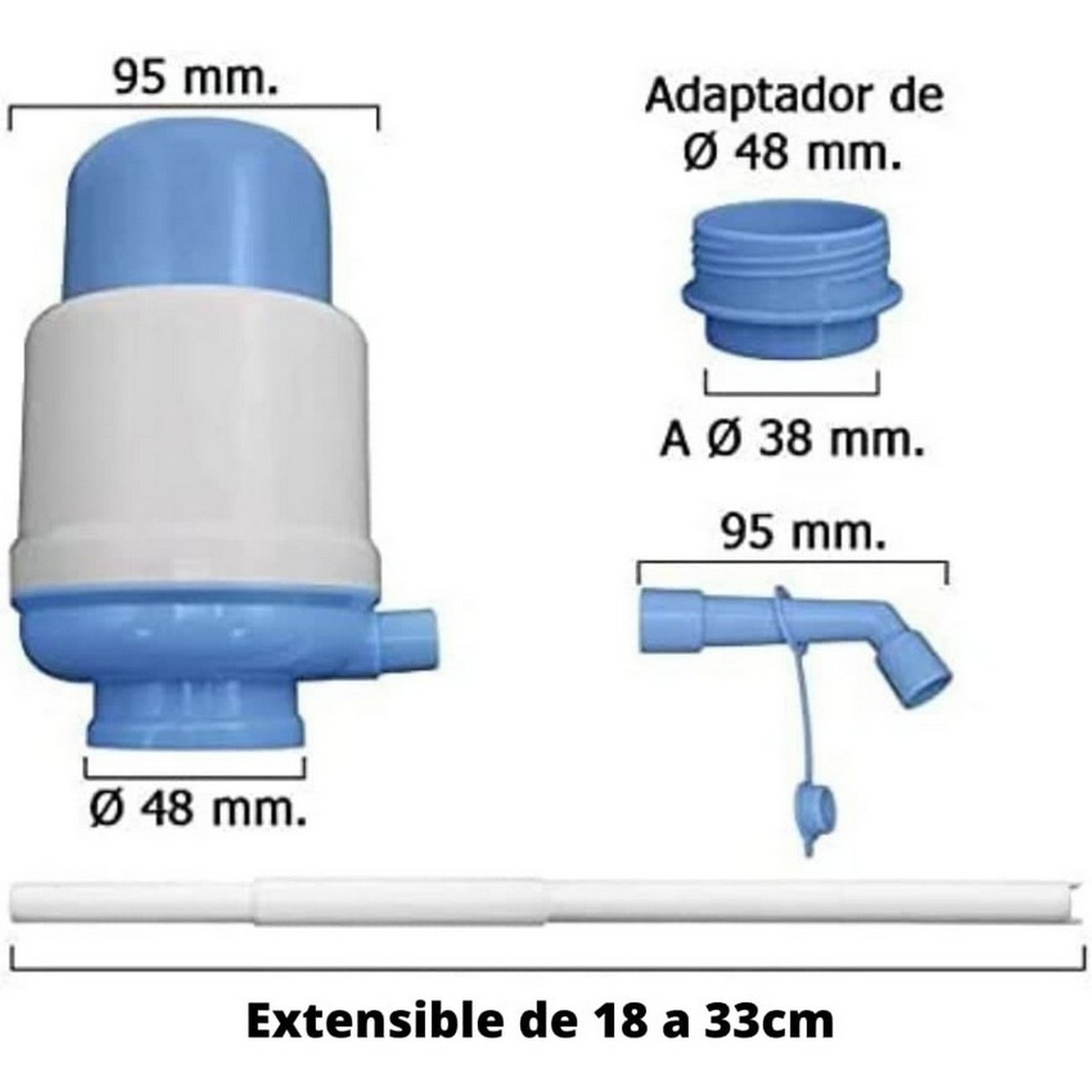 Bomba de agua manual azul y blanca y piezas con medidas.