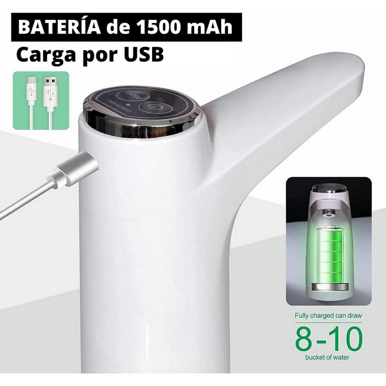 Dispensador de agua blanco con carga USB, texto: batería de 1500 mAh. Se ve un pequeño icono de batería verde.