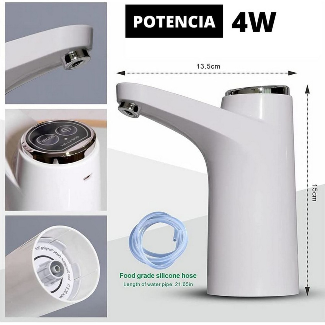 Dispensador de agua blanco con medidas y una manguera de silicona de grado alimenticio. Texto: 'POTENCIA 4W'.