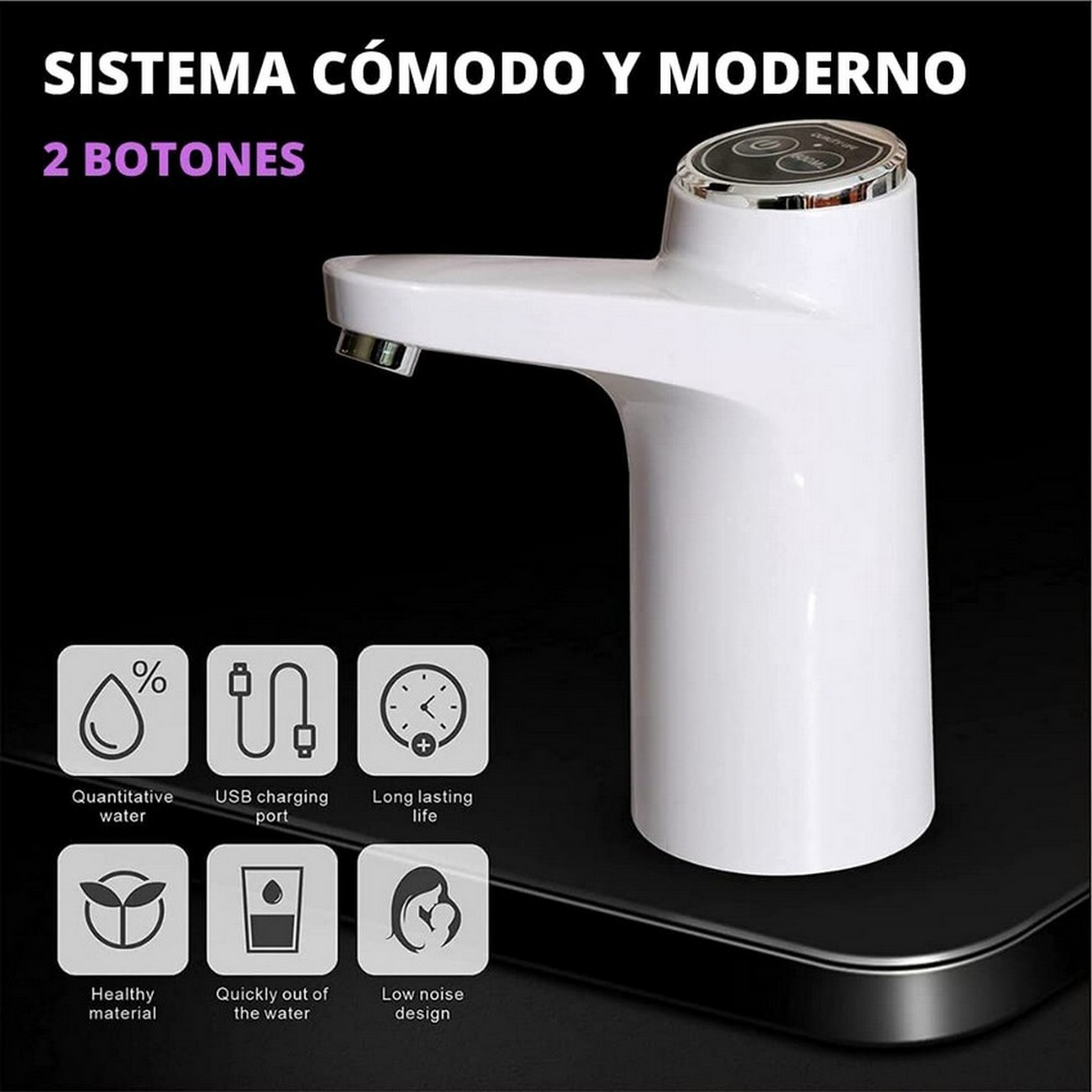 Dispensador de agua blanco con iconos y texto. Fondo negro con texto en la parte superior.