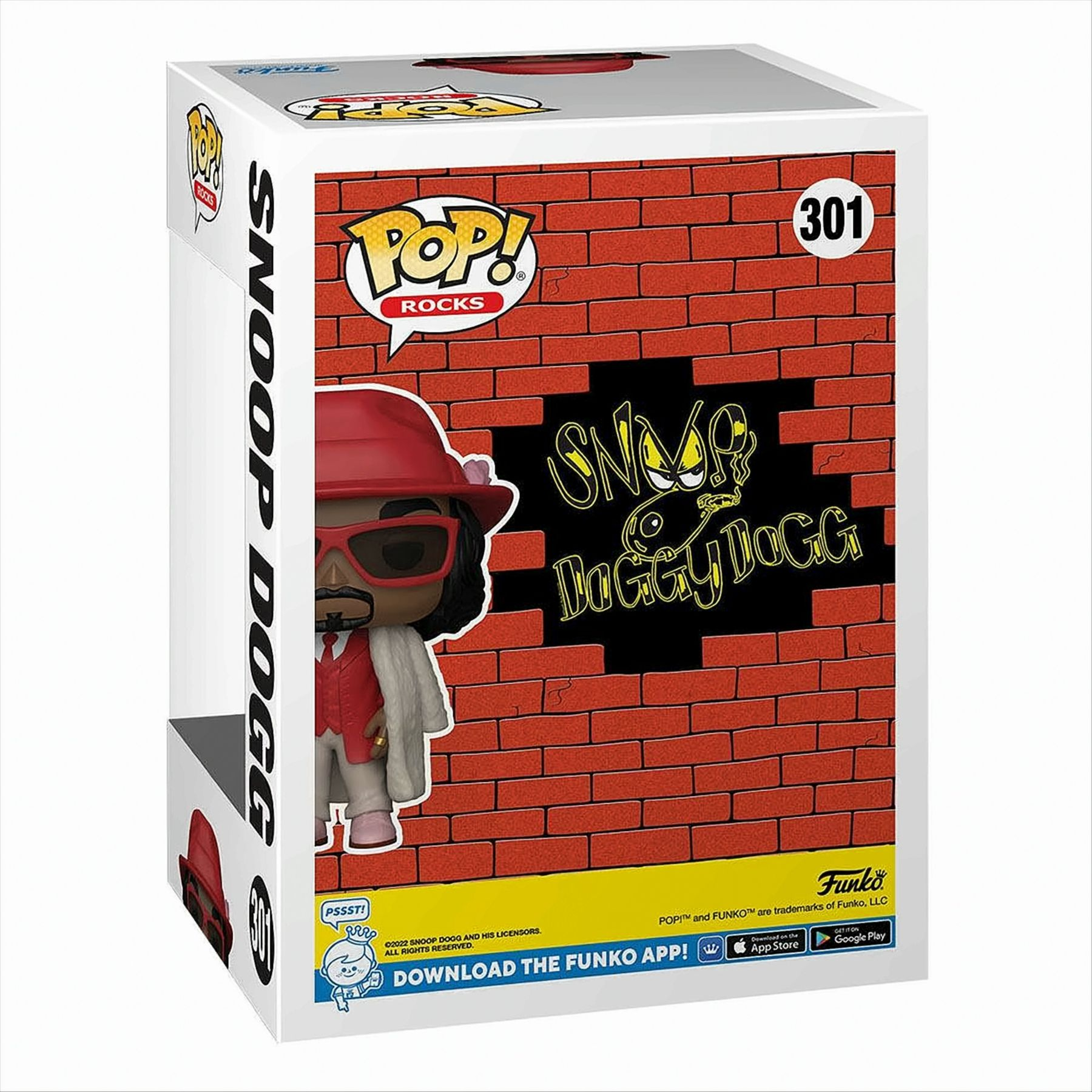 Scatola Funko Pop con la figura di Snoop Dogg. Sfondo muro di mattoni con testo. Sfondo bianco.