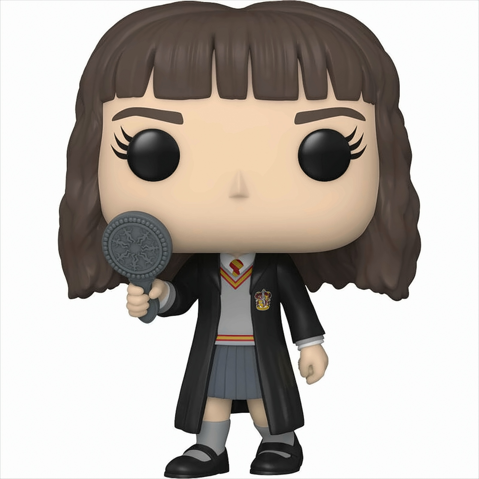 Figura Funko Pop de Hermione Granger sosteniendo un espejo, con uniforme escolar, sobre fondo blanco.