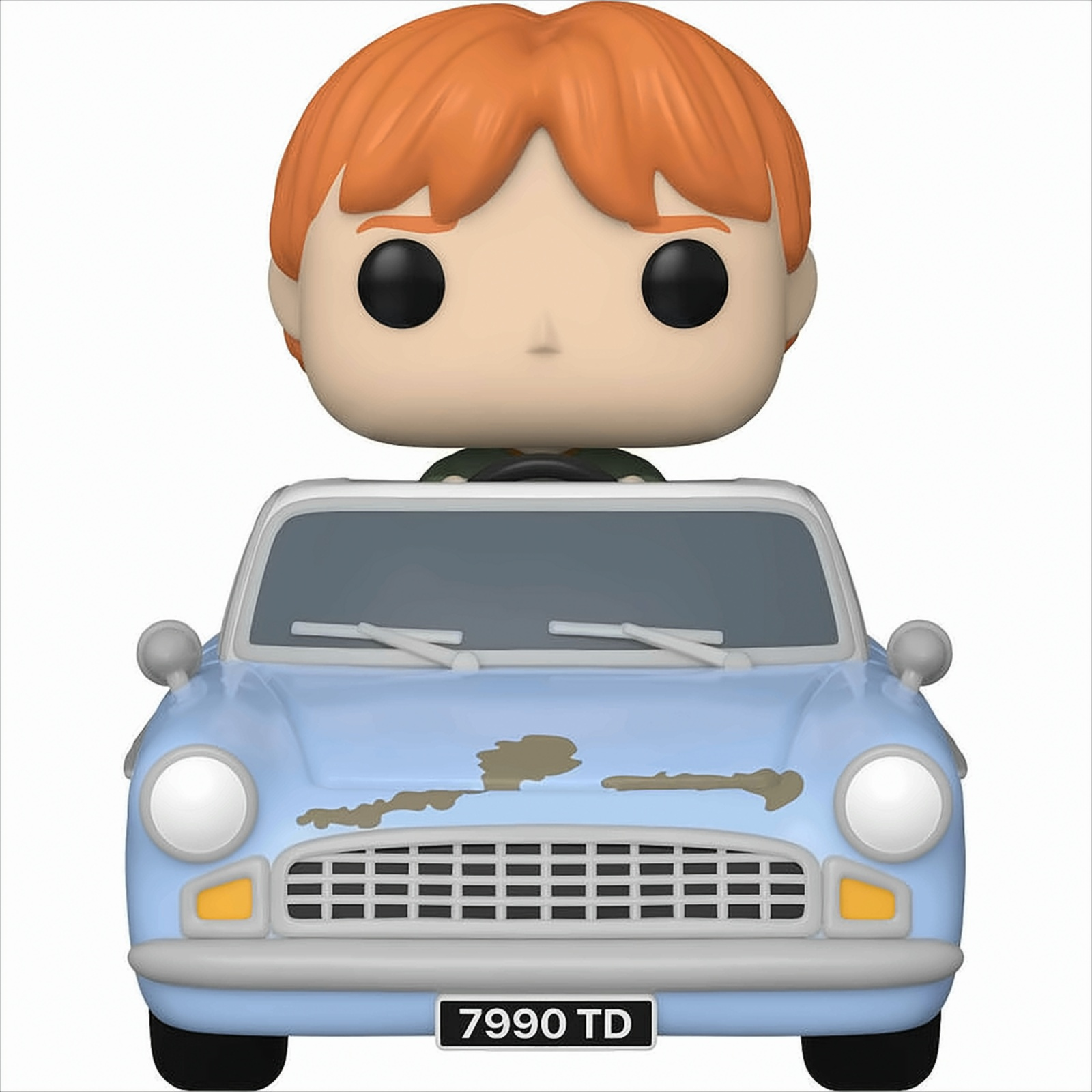 Eine Funko Pop Figur von Ron Weasley in einem blauen Auto mit einem braunen Fleck.