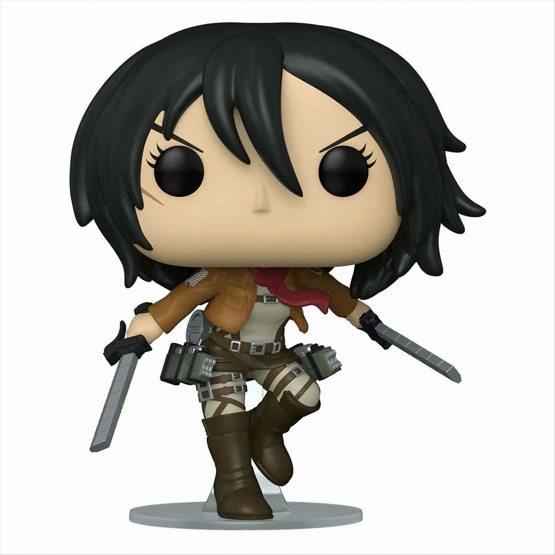 Funko Pop Figur von Mikasa aus Attack on Titan, in Action-Pose mit Schwertern.