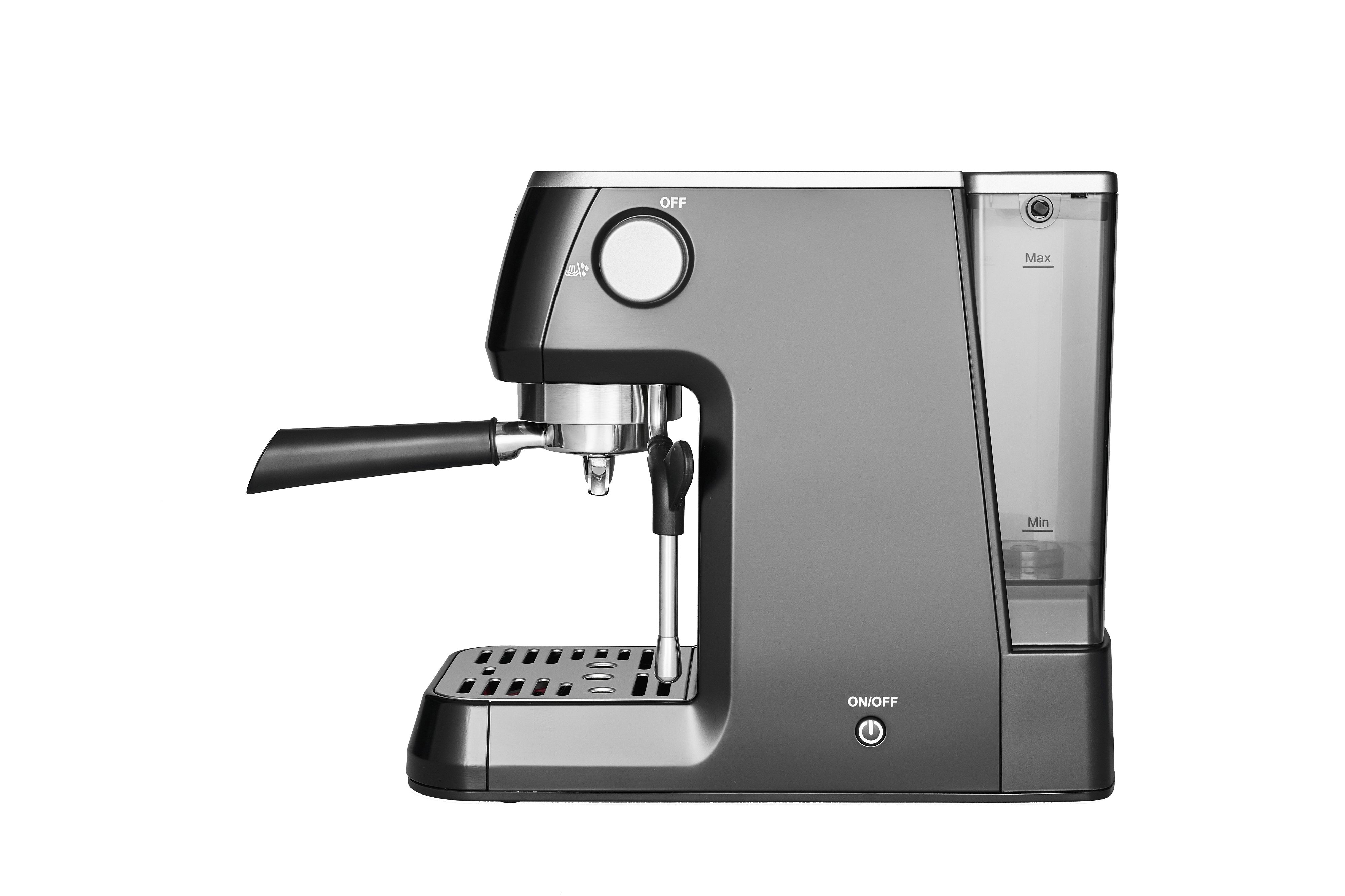 Espressomaschine in Dunkelgrau. Schwarzer Griff, silberne Details und Wassertank rechts.