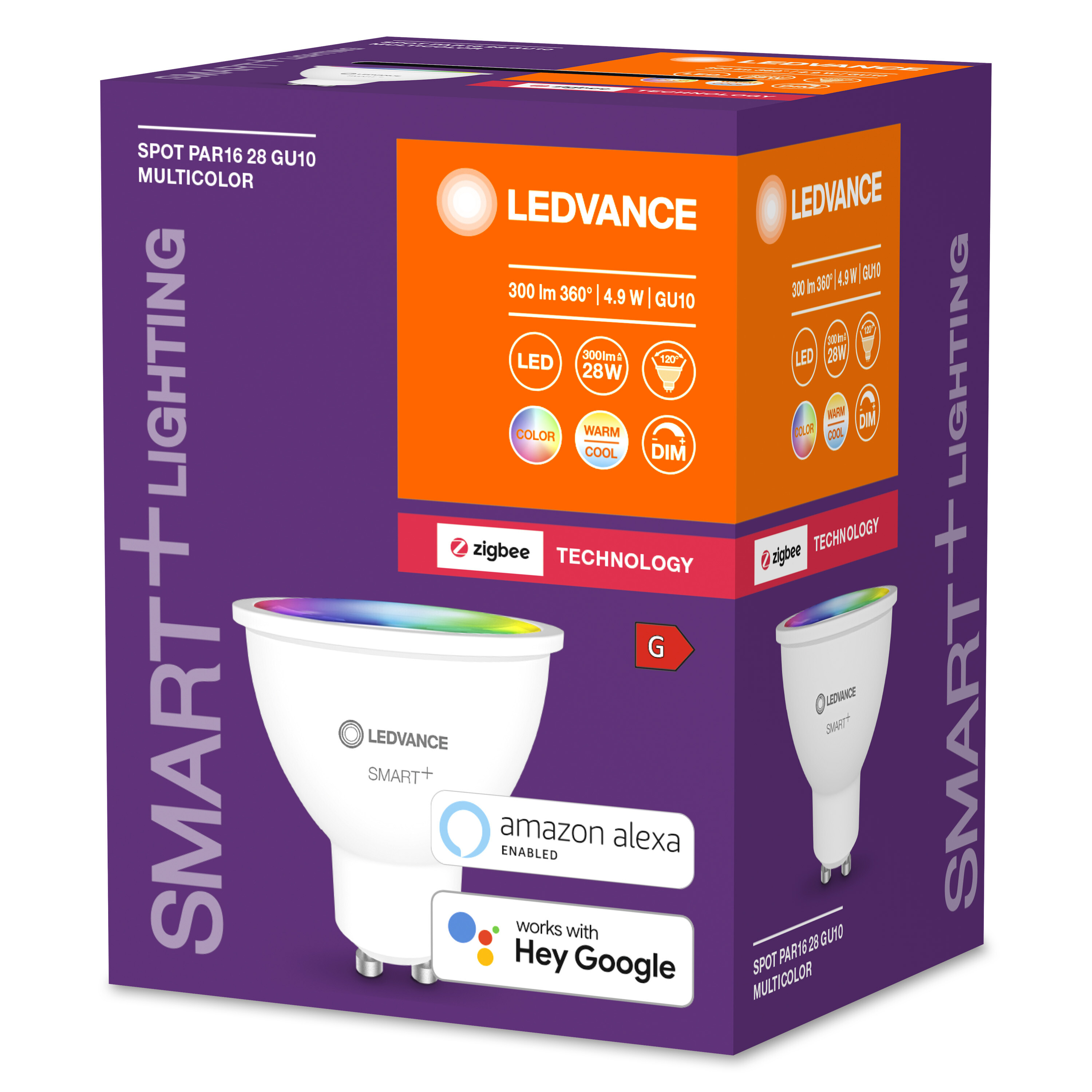 Eine Box mit LEDVANCE Smart Lighting mit einer Glühbirne und hervorgehobenen Merkmalen.