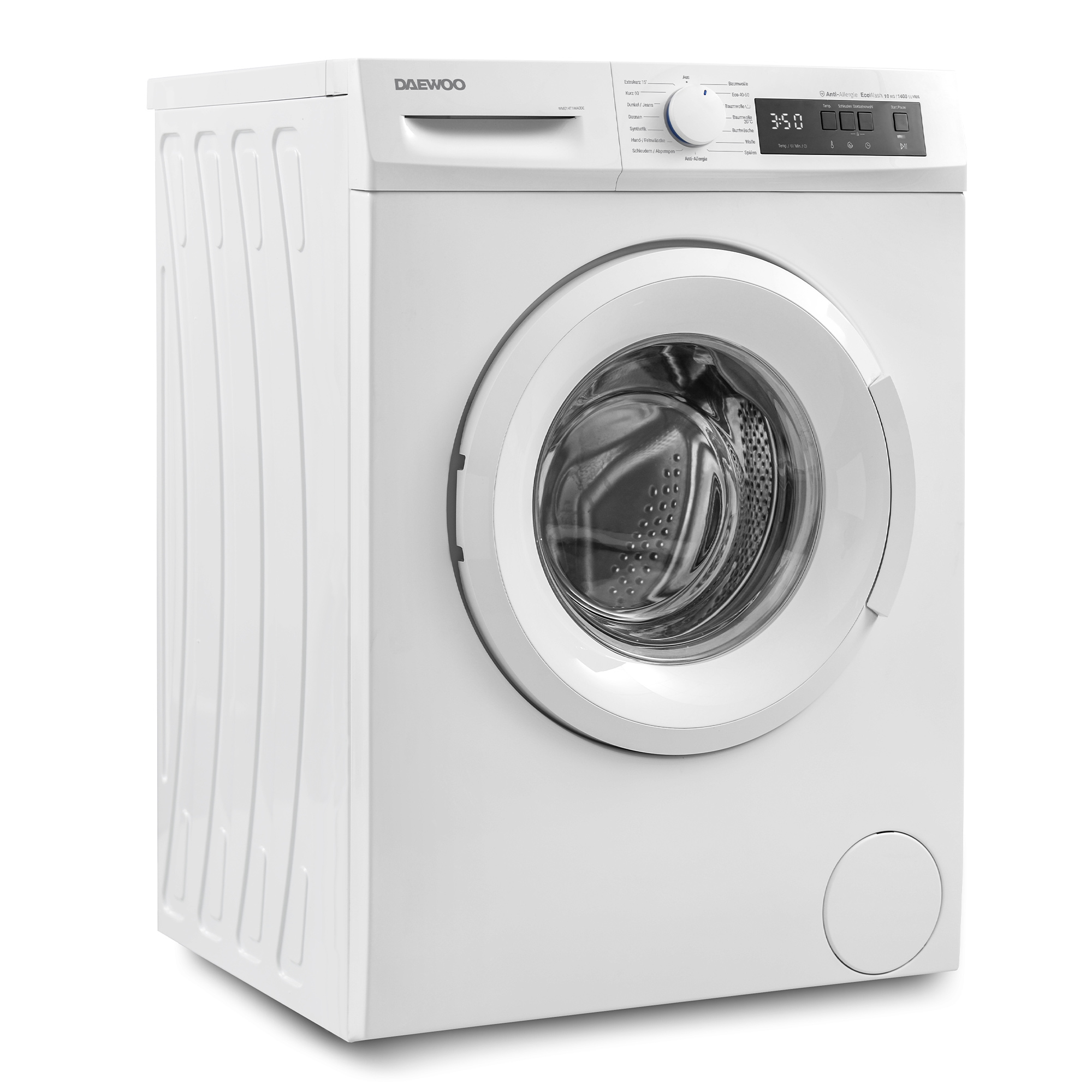 Eine weiße Daewoo Waschmaschine. Sie hat eine Frontlader-Tür und ein digitales Display oben.