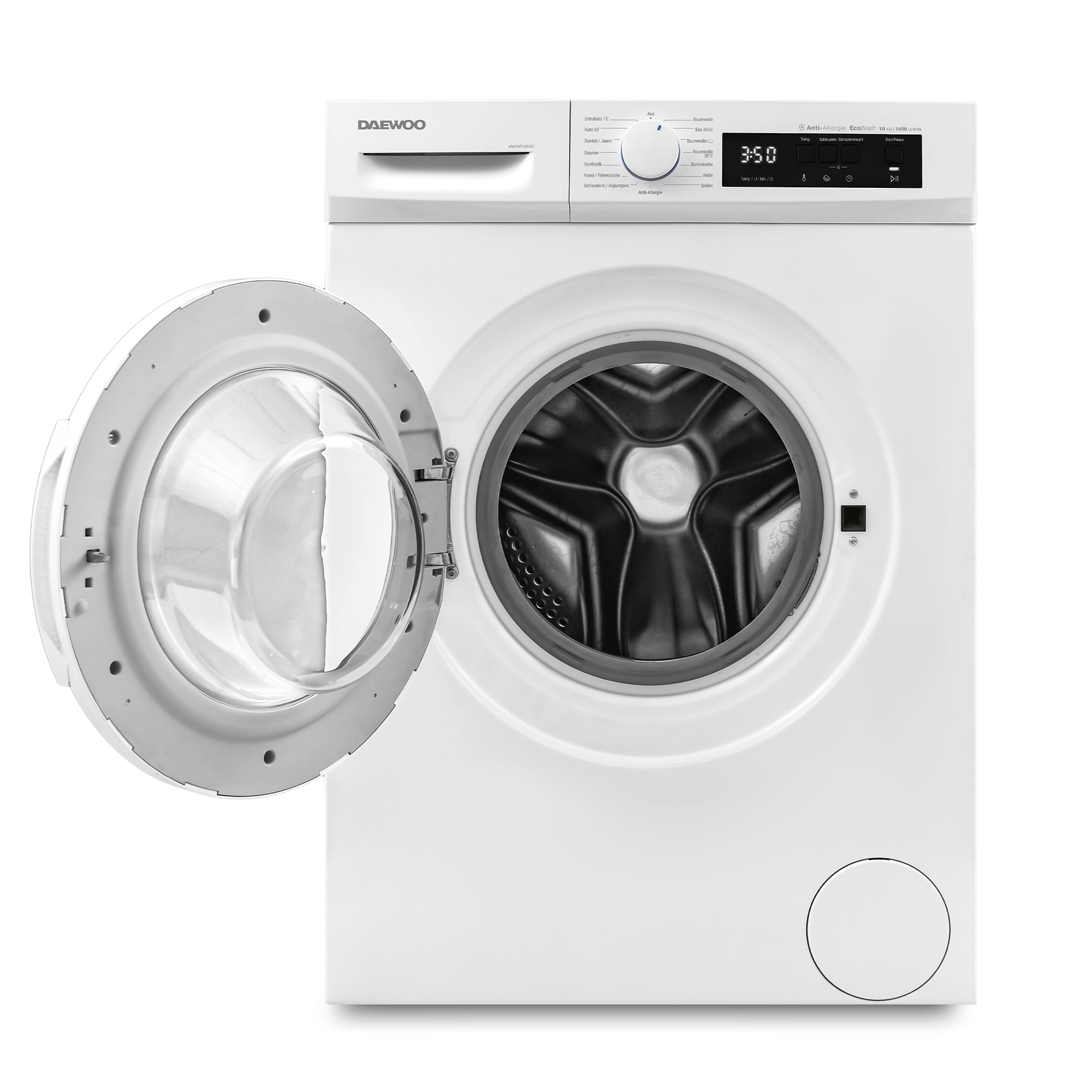 Weiße Waschmaschine mit offener Tür, zeigt das Innere. Weißer Hintergrund.
