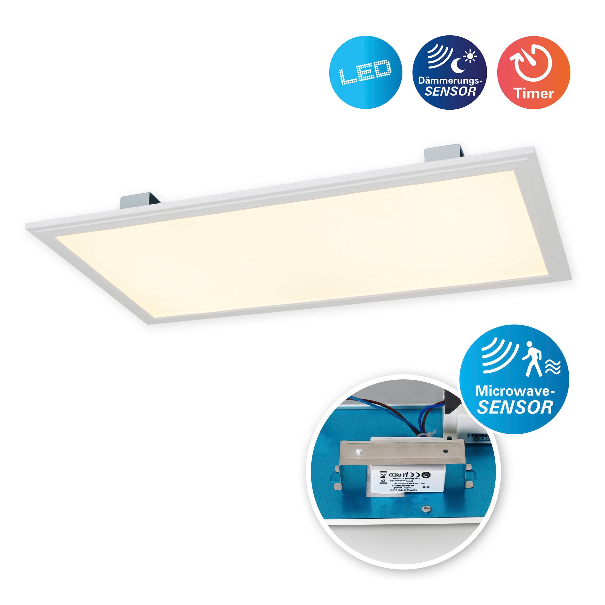 Eine weiße rechteckige LED-Leuchte mit einem Kreis, der LED, Sensor und Timer anzeigt.