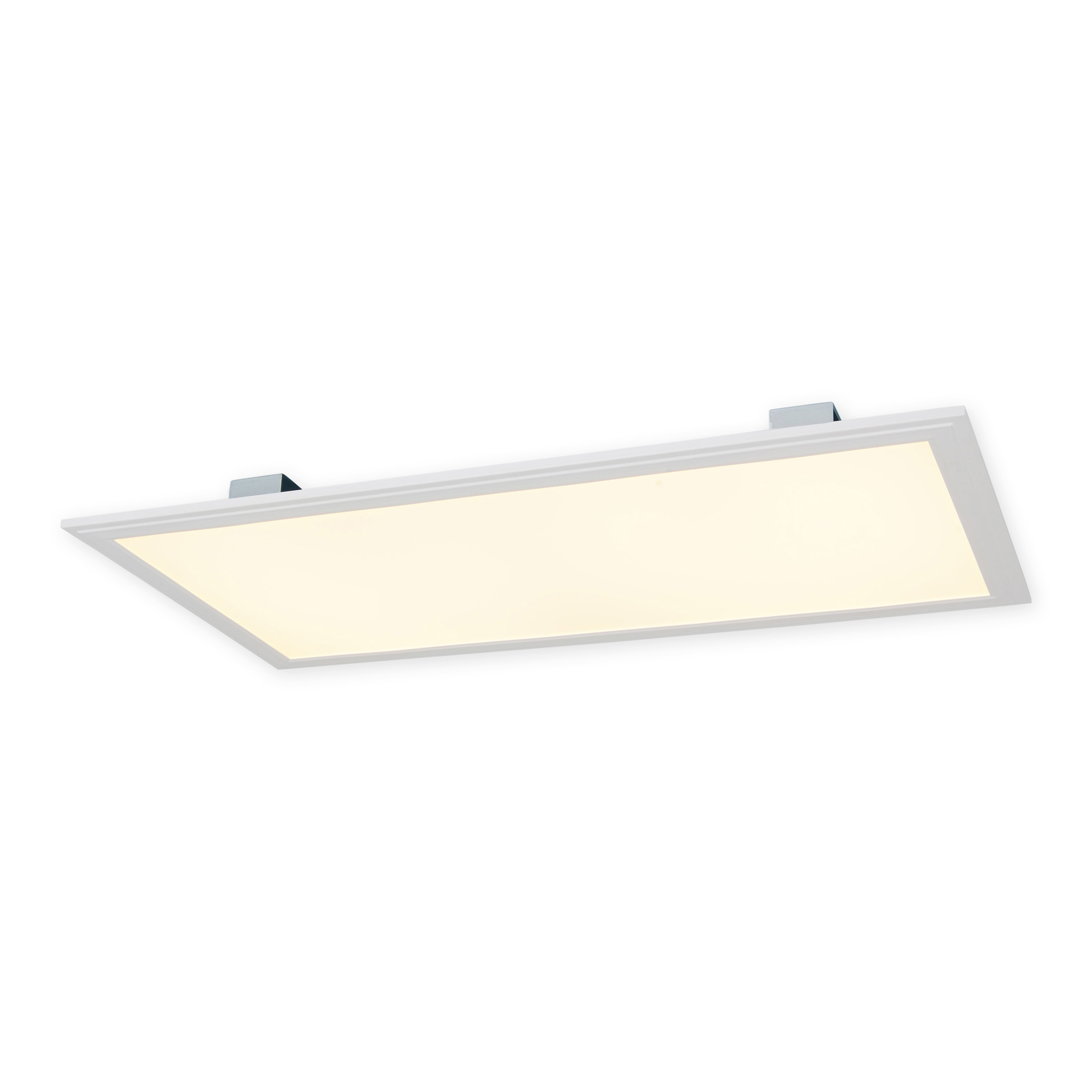 Rechteckige weiße LED-Panel-Leuchte mit warmem Glanz, auf weißem Hintergrund montiert.