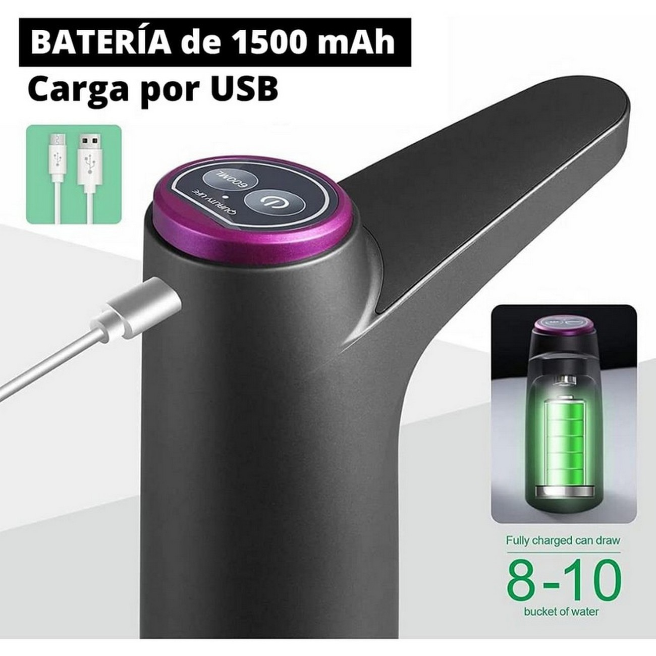 Un dispensador de agua negro con detalles morados, un cable USB y un indicador de nivel de agua.