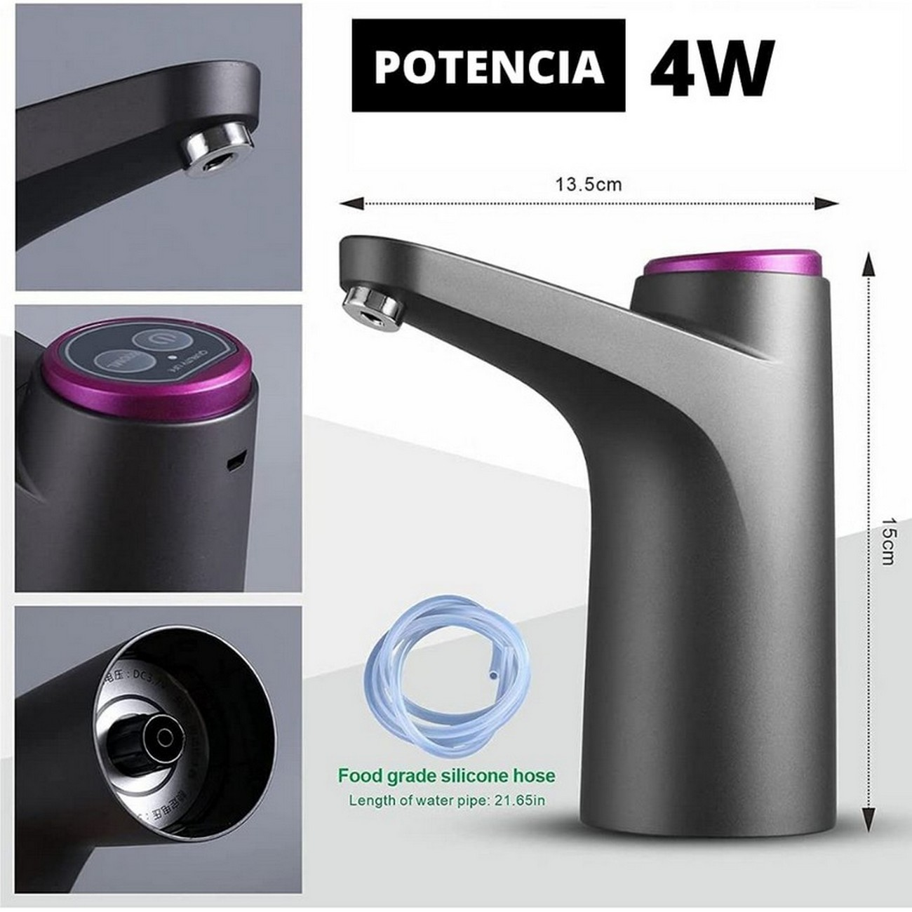 Dispensador de agua con tres vistas. Dispensador gris con botón morado y manguera de silicona azul.