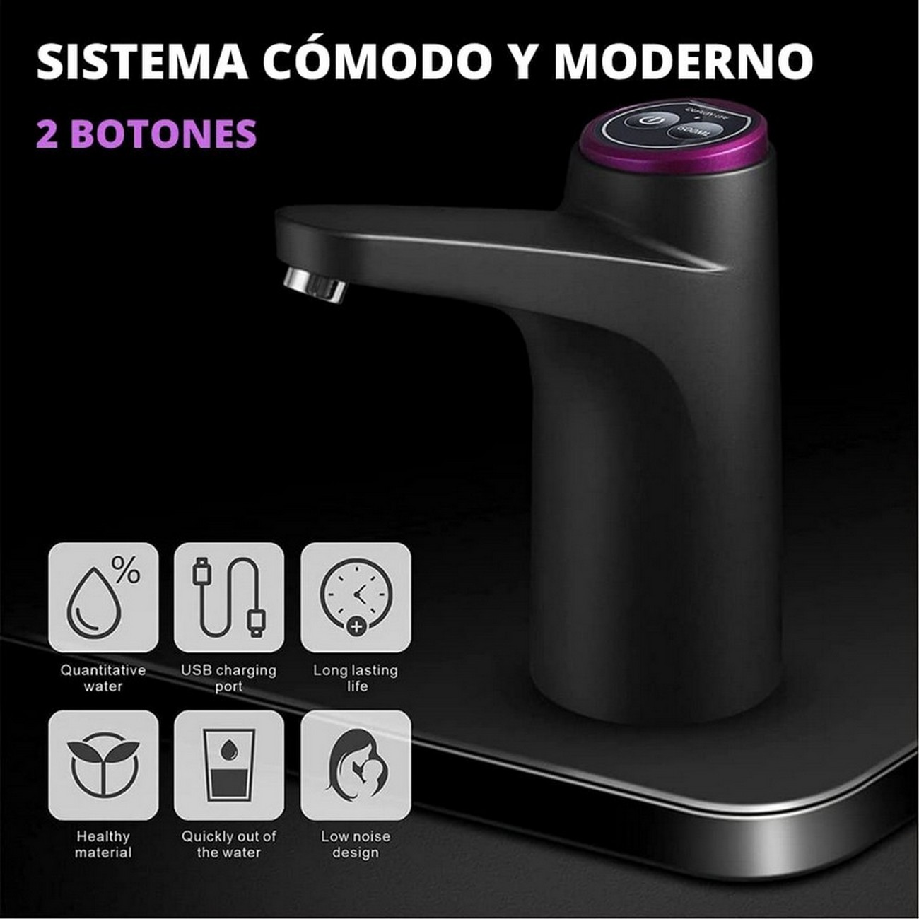 Dispensador de agua negro con iconos que describen características. Tiene un fondo oscuro.