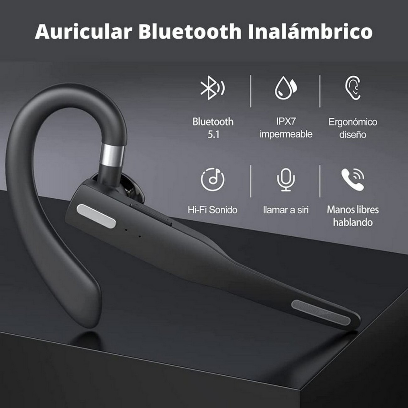 Auricular Bluetooth negro con gancho para la oreja, la imagen muestra iconos.