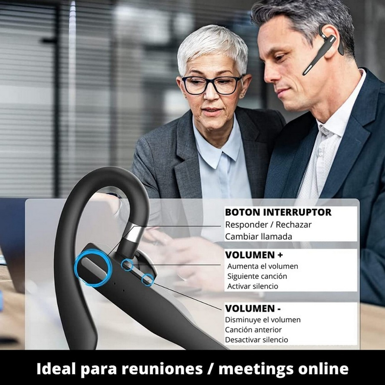 Hombre y mujer en oficina, hombre usando auriculares con botones de control, superposición de texto.
