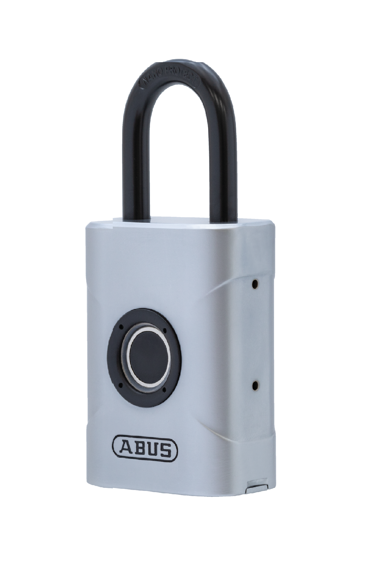 Silbernes Vorhängeschloss mit schwarzem Bügel. Es hat einen Fingerabdrucksensor und 'ABUS'.