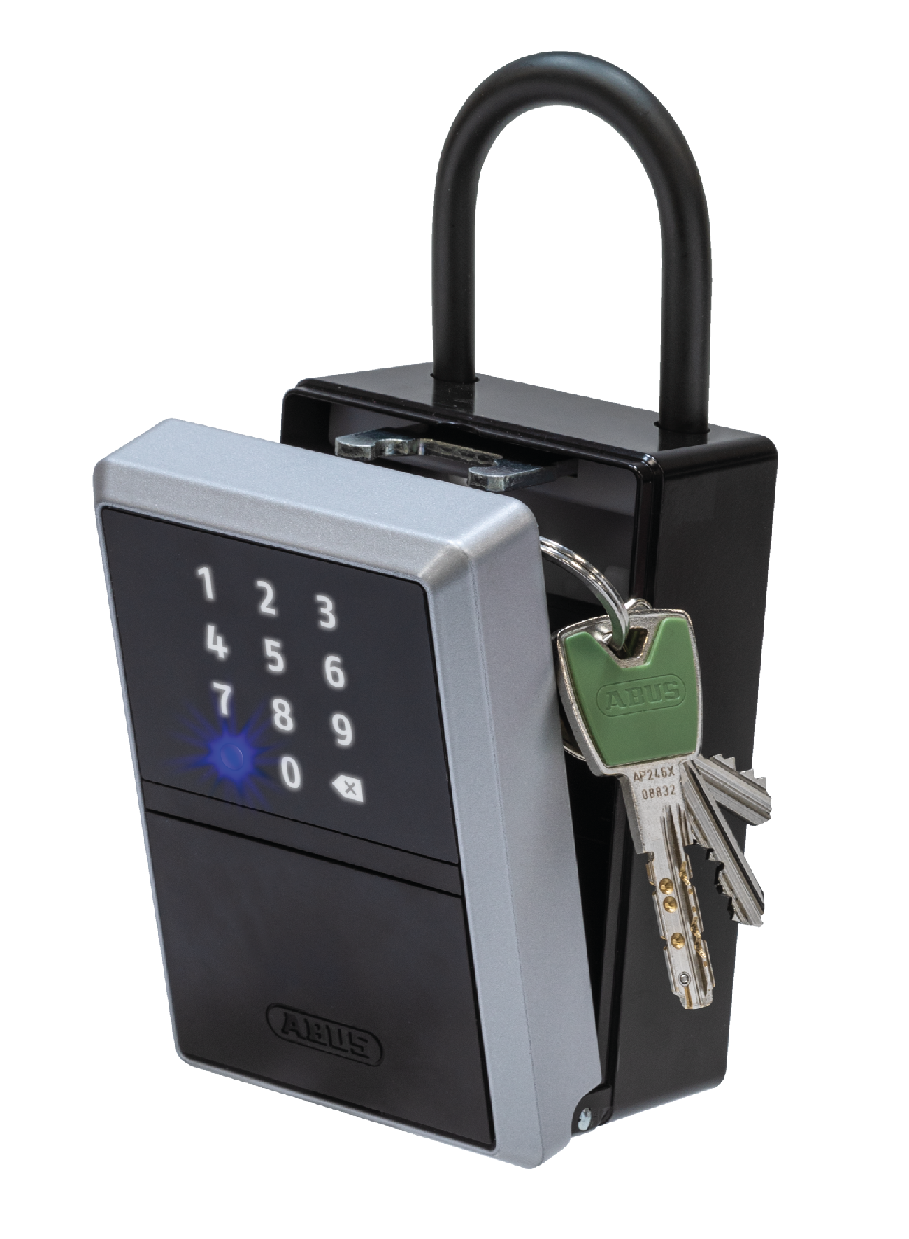 Schwarzer Schlüsselsafe, numerisches Tastenfeld, mit Schlüsseln und ABUS Logo.