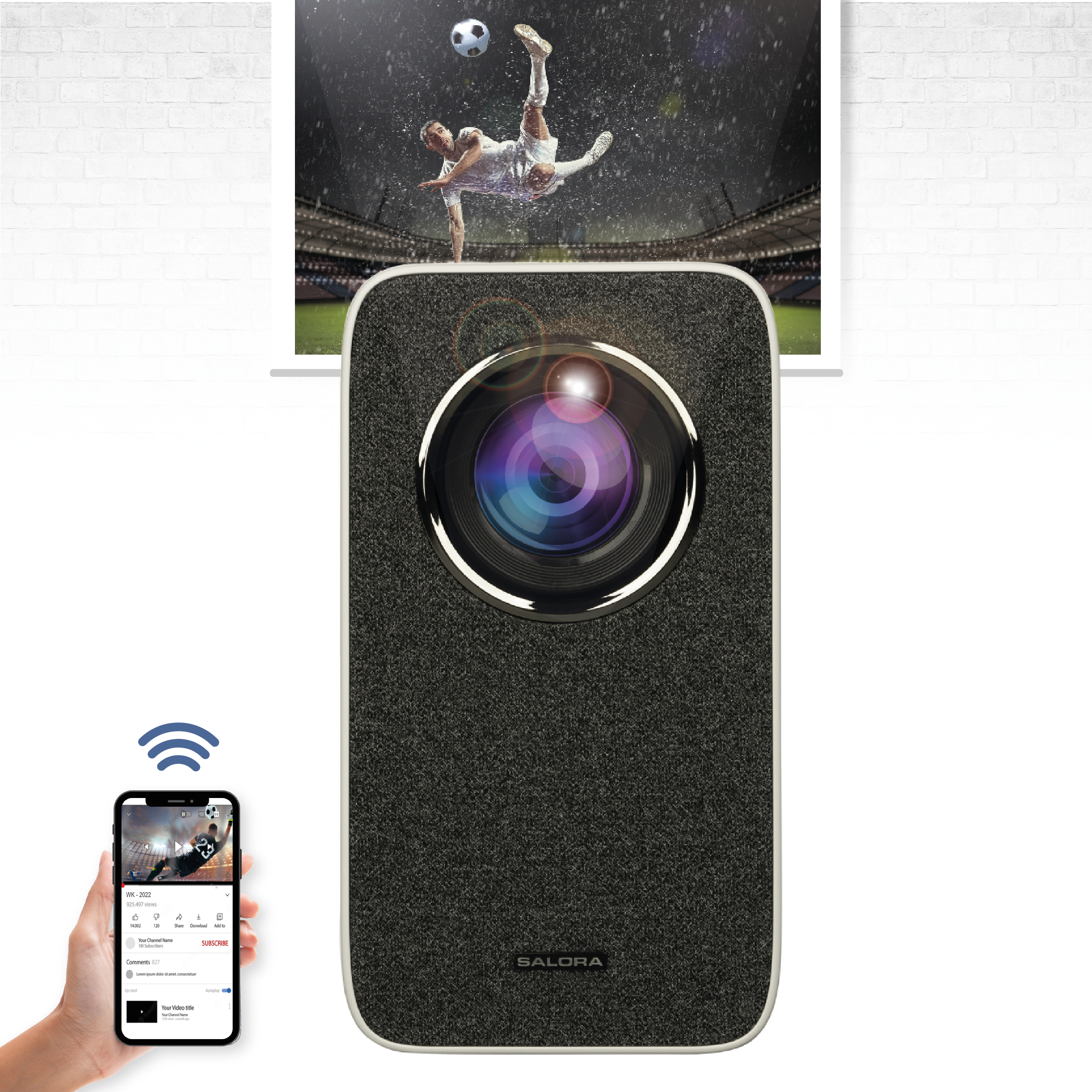 Projecteur projetant un match de football sur un mur. Un téléphone affiche le jeu. Marque Salora.
