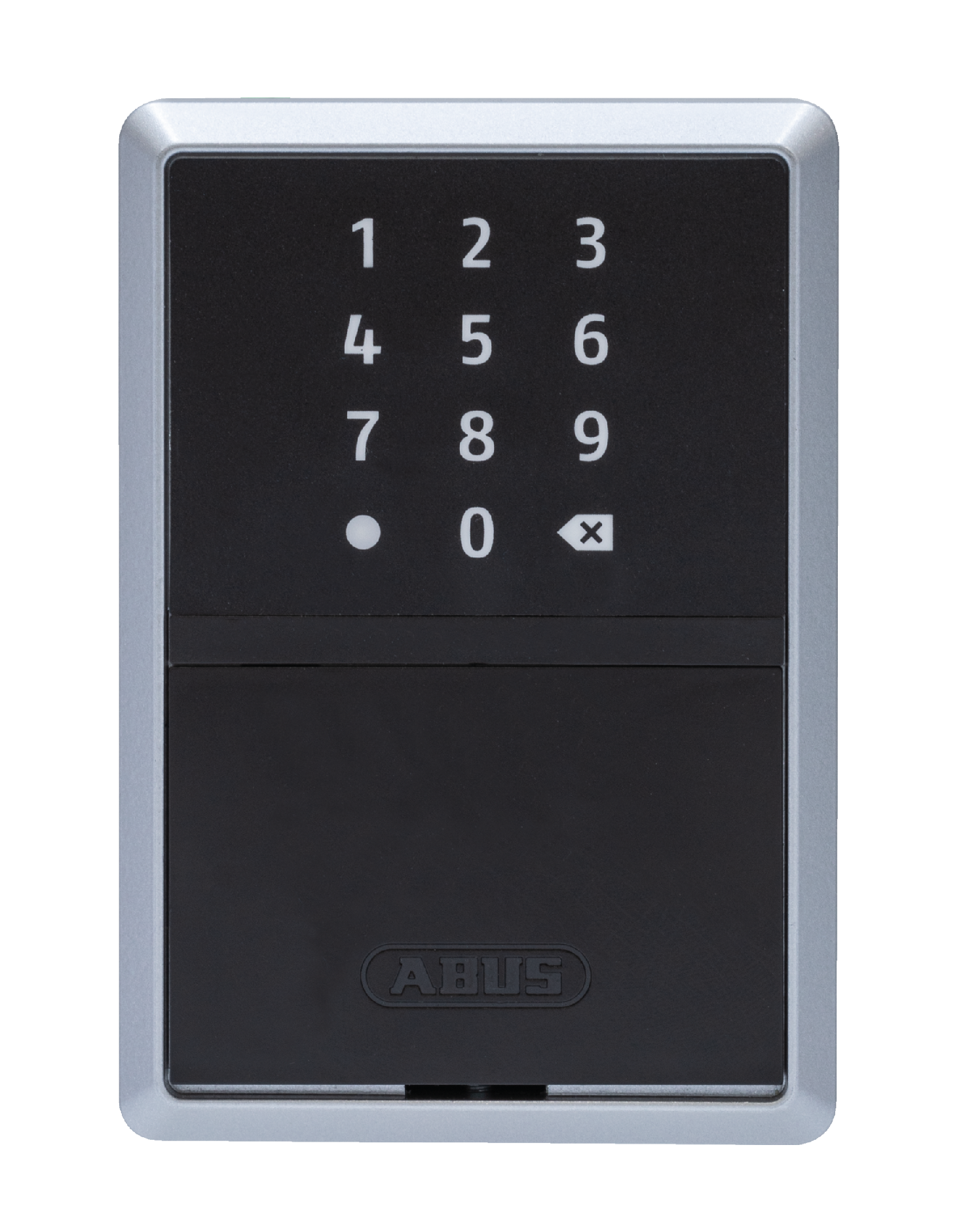 Nahaufnahme eines silbergerahmten Keypads mit den Zahlen 0-9, einem Punkt und einem X. ABUS-Logo unten.