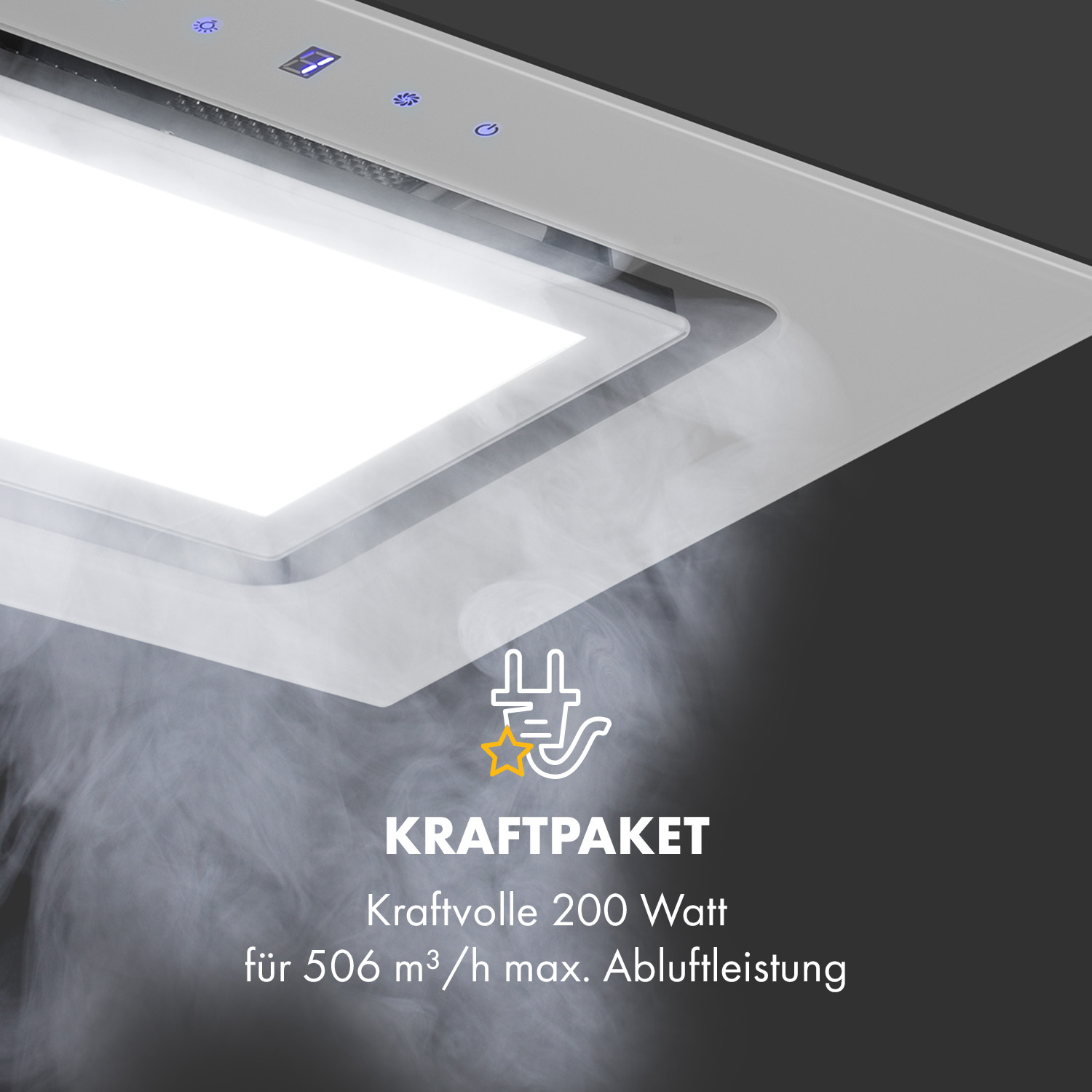 Eine Dunstabzugshaube mit hellem Licht und Dampf, mit Text über Leistung.