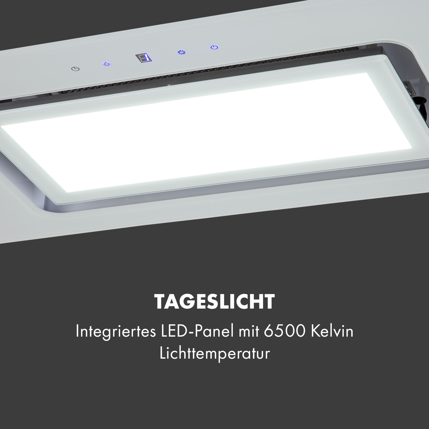 Nahaufnahme einer weißen Dunstabzugshaube mit integriertem LED-Panel. Text darunter lautet 'Tageslicht' und Details.