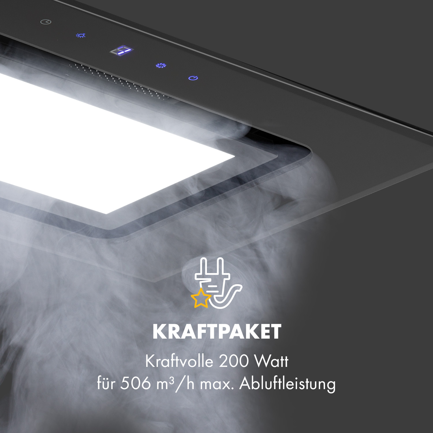 Eine Dunstabzugshaube mit hellem Licht und Dampf, mit Text über Leistung.