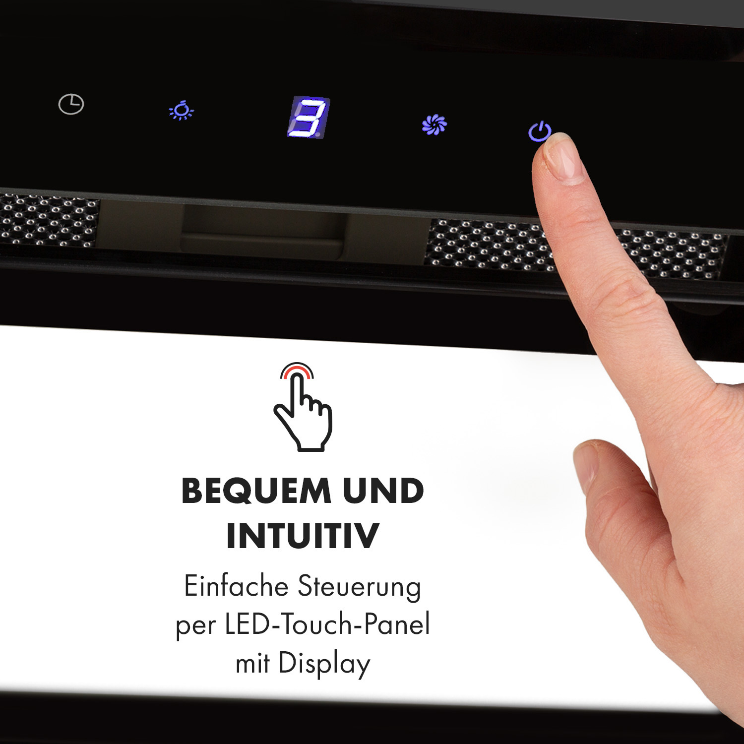 Hand berührt schwarzes Touchpanel mit Display, Text: Bequem und intuitiv.