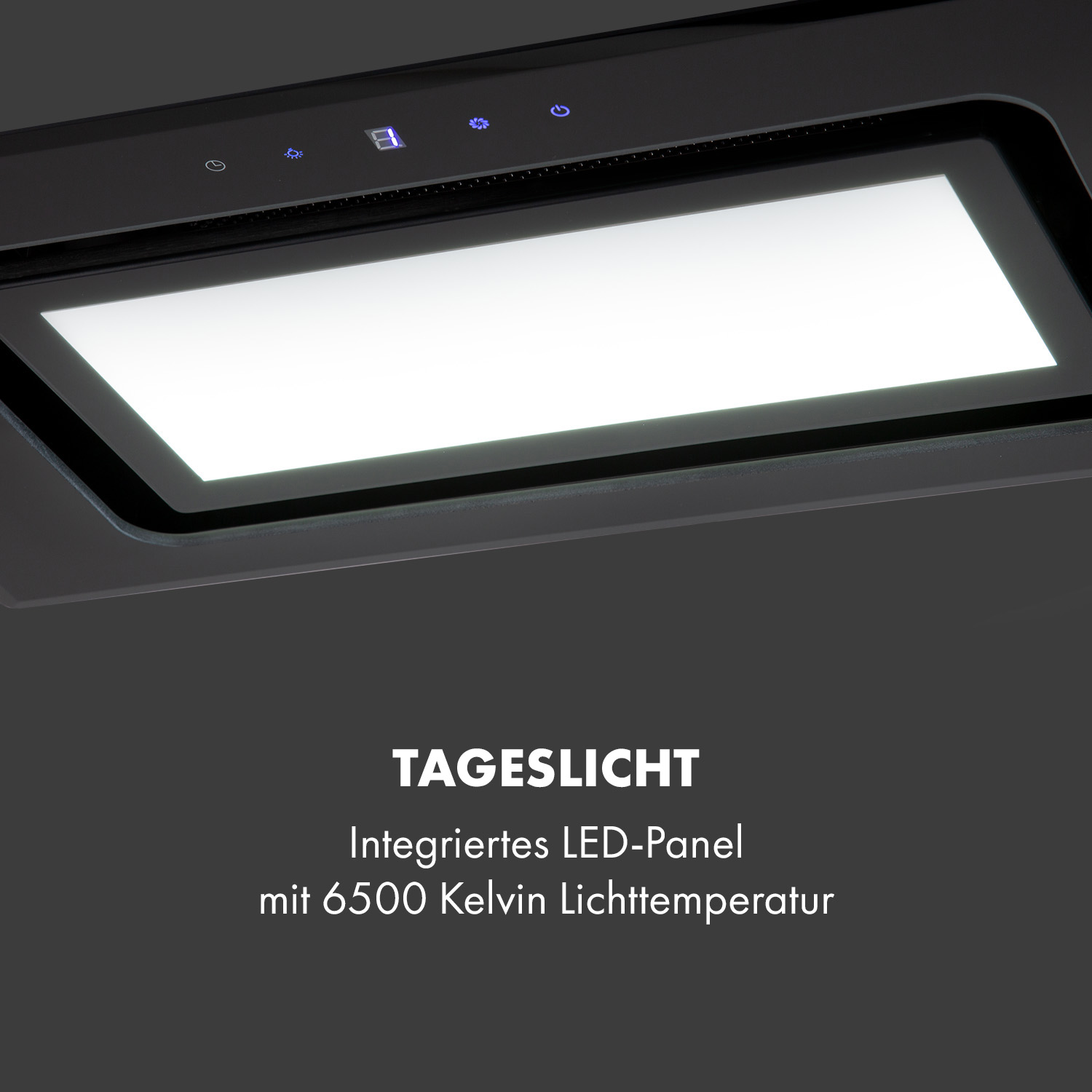 Schwarze Dunstabzugshaube mit LED-Panel, Text unten, dunkler Hintergrund.