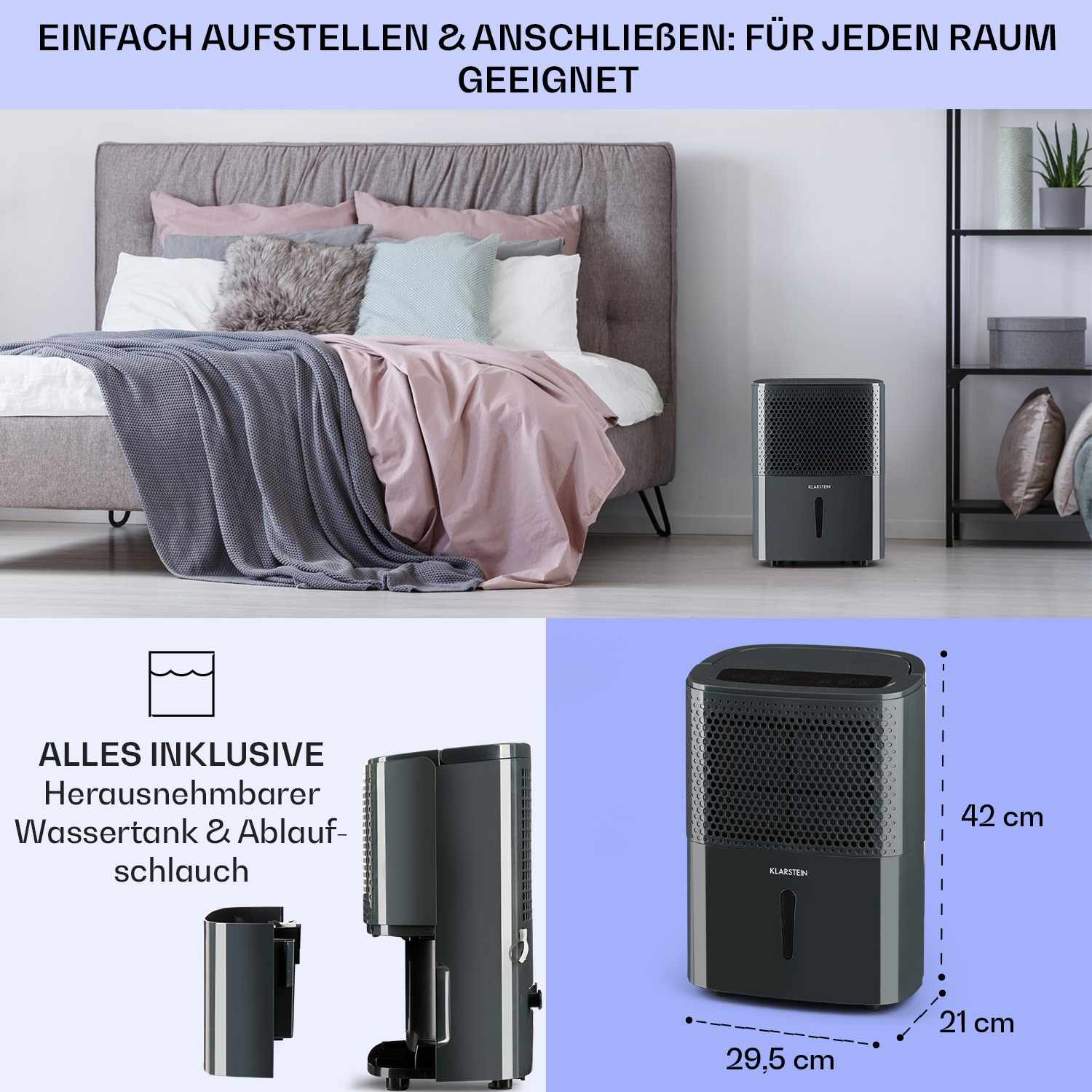 Deumidificatore nero con dimensioni. Camera da letto, coperta grigia e cuscini. Serbatoio e tubo.