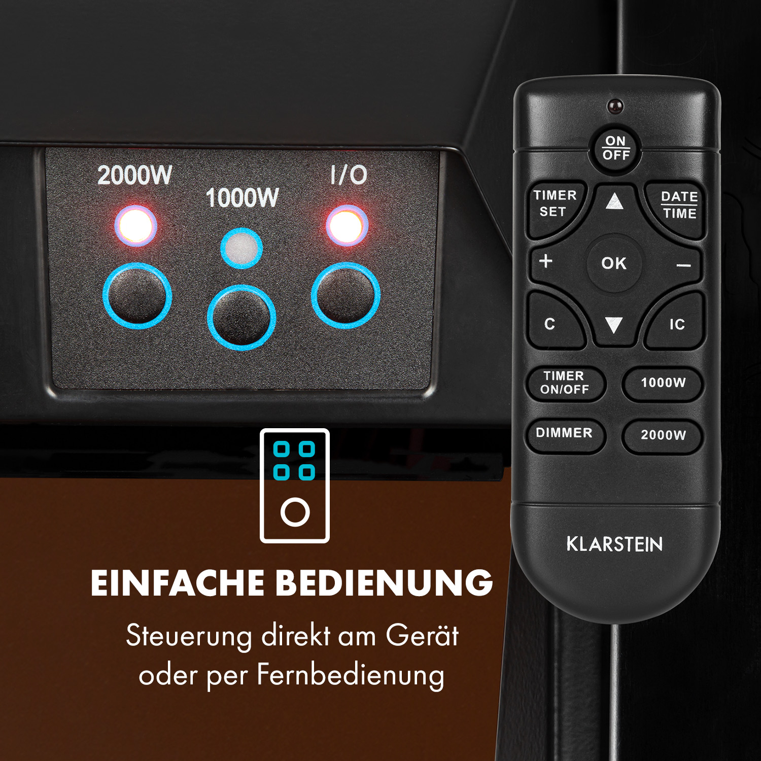 Schwarzes Bedienfeld und Fernbedienung mit Knöpfen, Text und Lichtern, für ein Klarstein-Gerät.