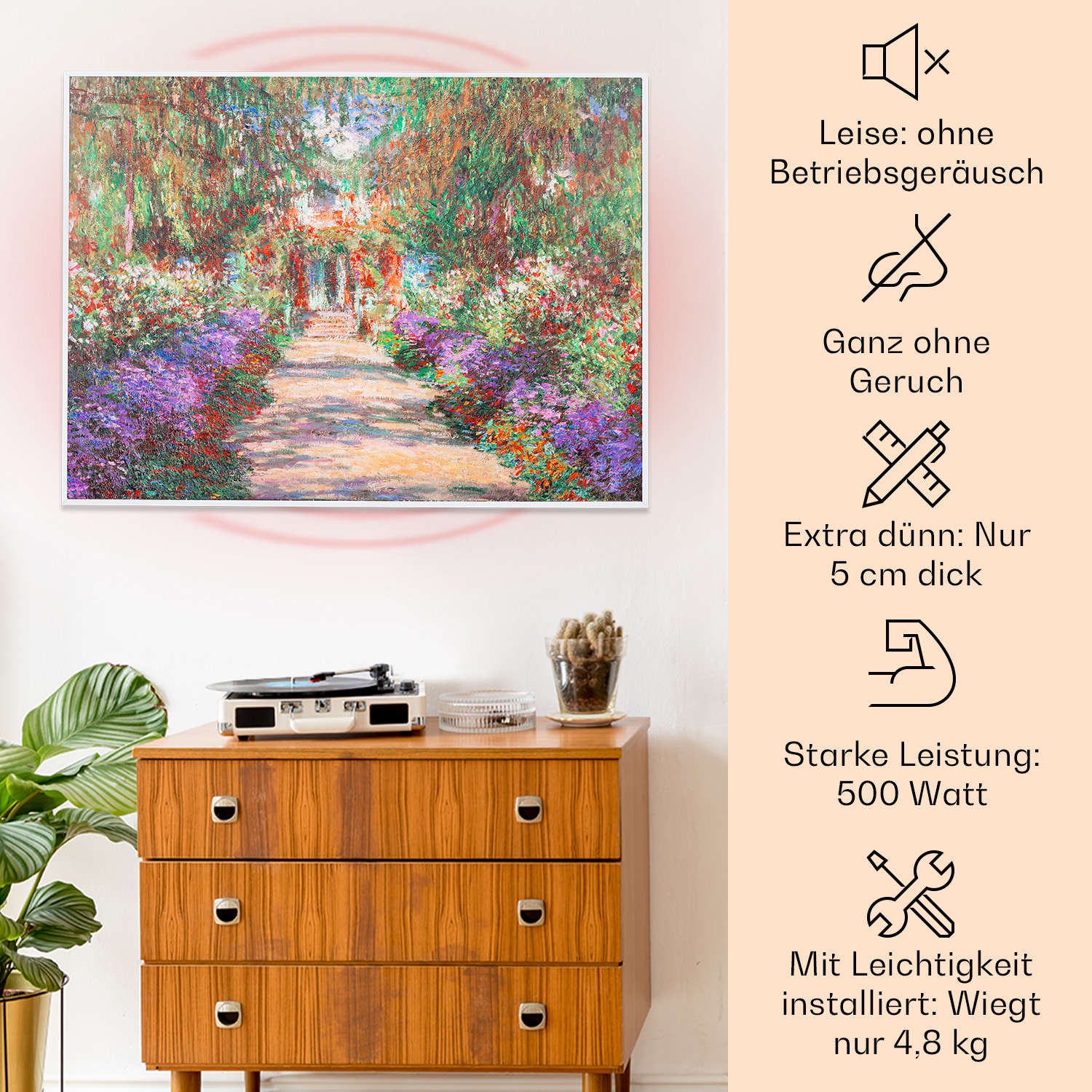 Kunstwerk an einer Wand mit einer Holzkommode darunter. Text beschreibt Merkmale wie geräuschlos und stark.