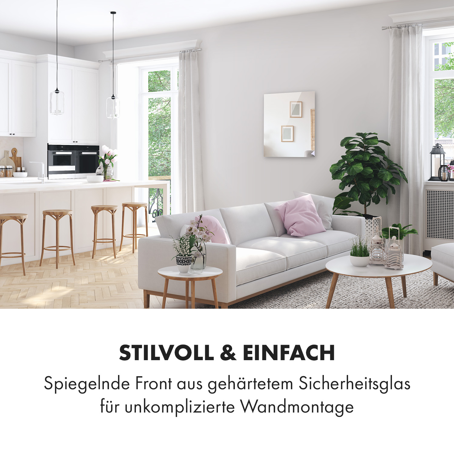 Ein Wohnzimmer mit weißem Sofa, Spiegel und weißen Wänden, Küche sichtbar.