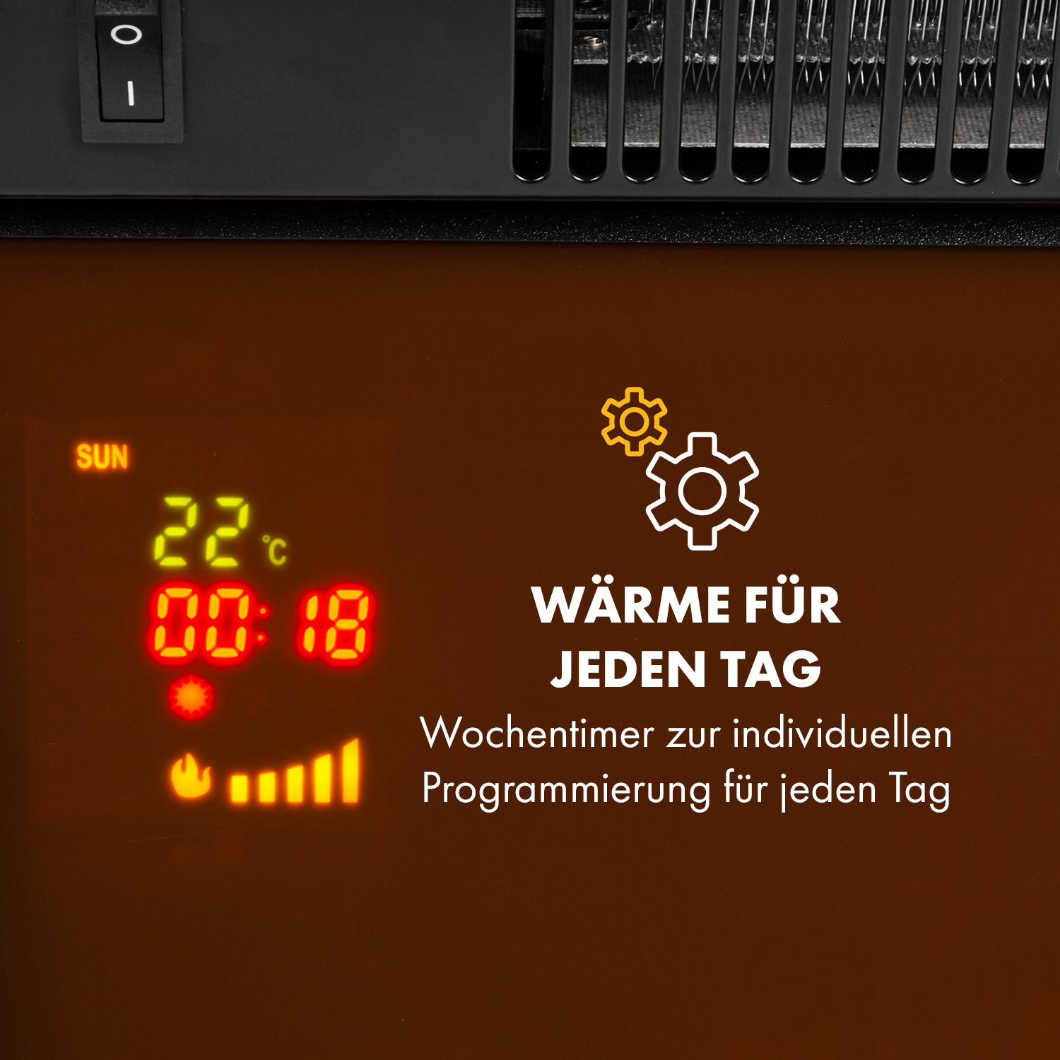 Digitalanzeige einer Heizung mit Temperatur und Zeit. Einstellungen werden angezeigt.