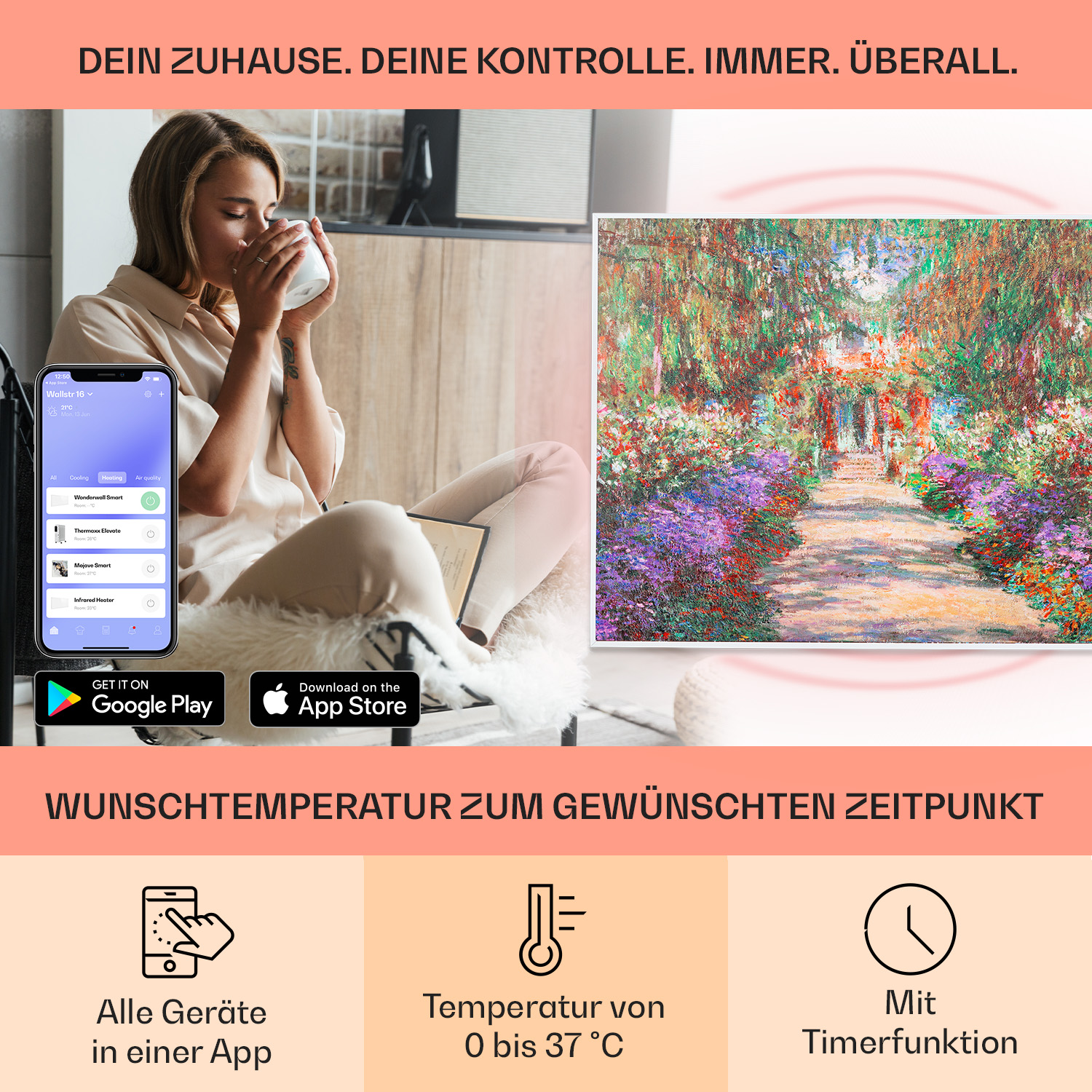 Eine Frau mit Telefon zeigt eine App und ein Gemälde eines Gartens.